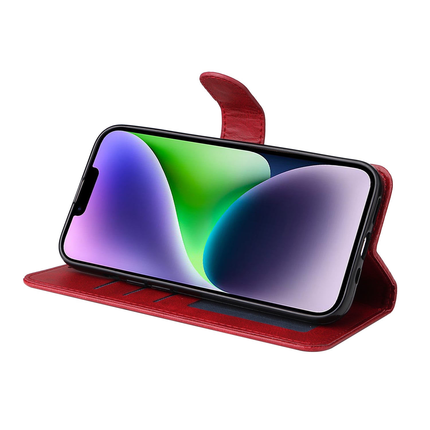 Uniqkart for iPhone 15 Anti-Scratch PU Leather Wallet Phone Case Calf Texture Flip Stand Cover - Red