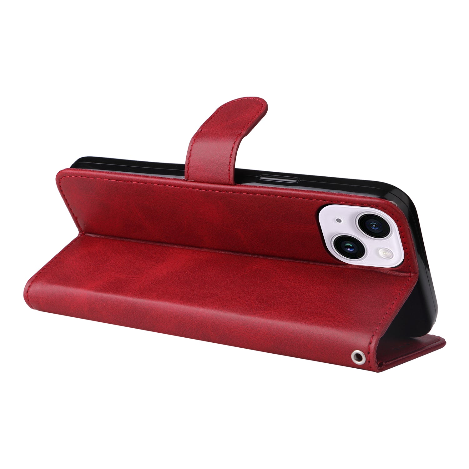 Uniqkart for iPhone 15 Anti-Scratch PU Leather Wallet Phone Case Calf Texture Flip Stand Cover - Red