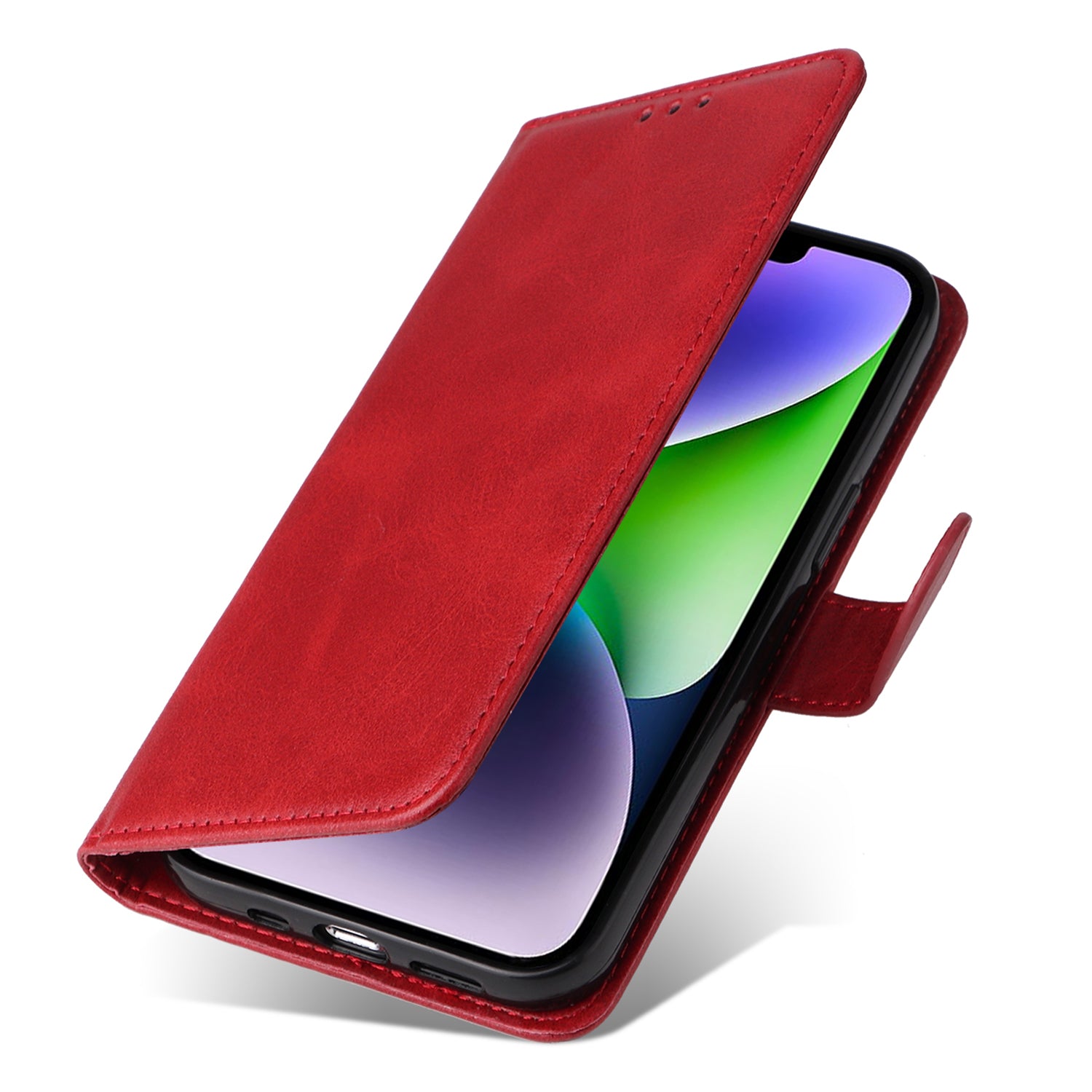 Uniqkart for iPhone 15 Anti-Scratch PU Leather Wallet Phone Case Calf Texture Flip Stand Cover - Red