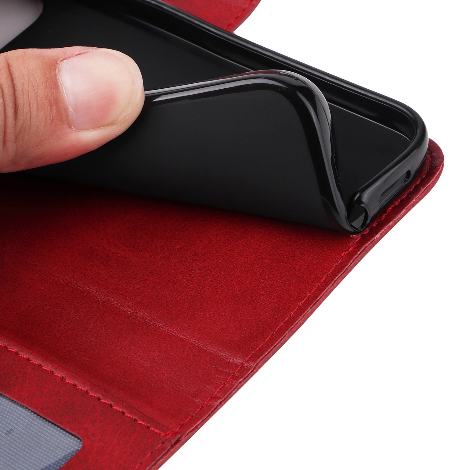Uniqkart for iPhone 15 Anti-Scratch PU Leather Wallet Phone Case Calf Texture Flip Stand Cover - Red
