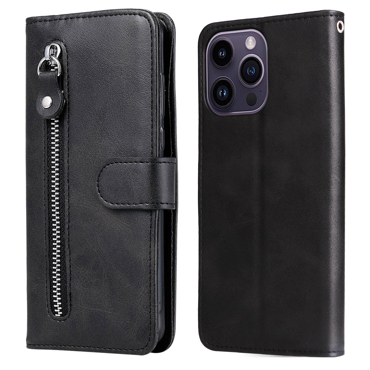 Uniqkart for iPhone 15 Pro Max Anti-Scratch Calf Texture Phone Case Zipper Pocket Wallet Foldable Stand Cover - Black