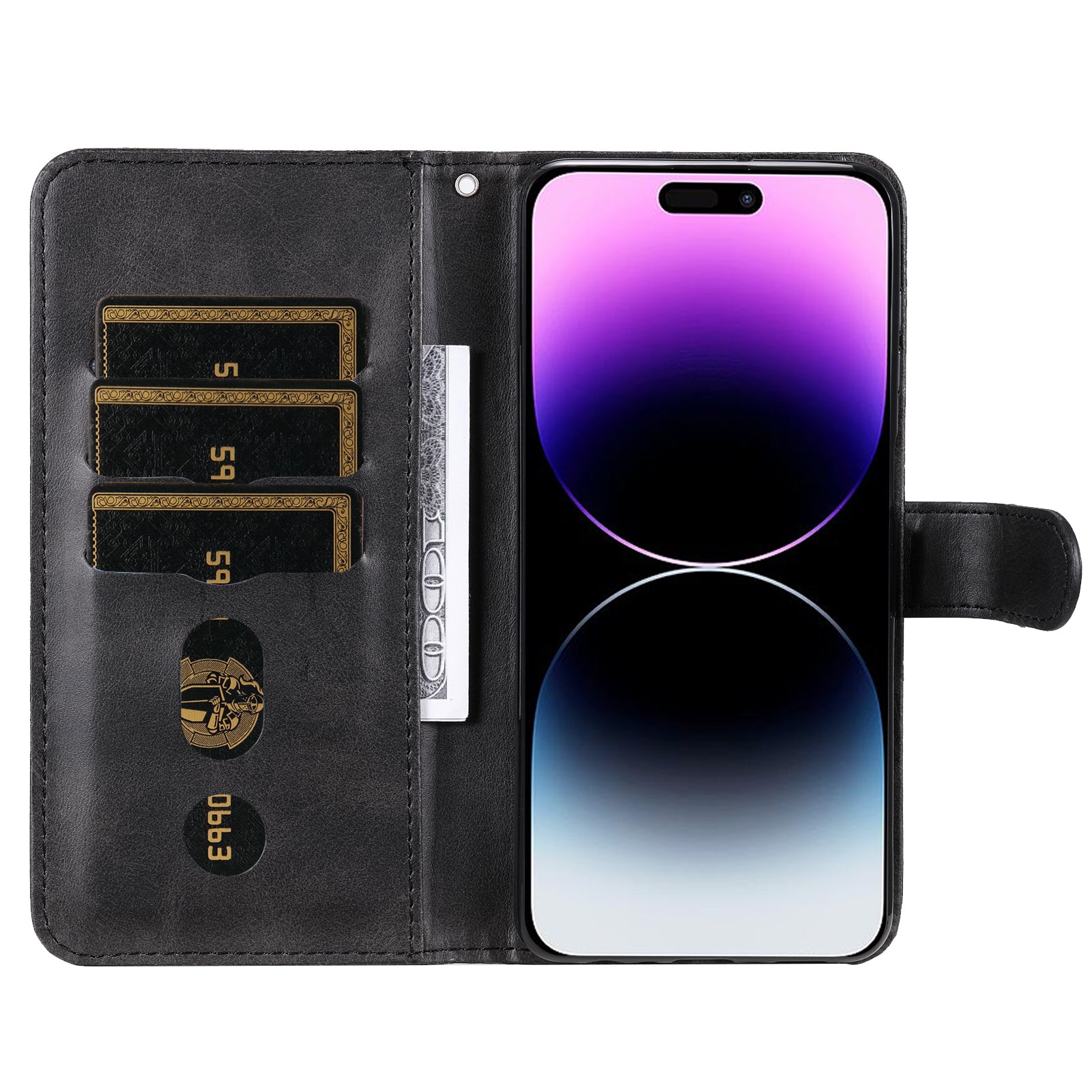 Uniqkart for iPhone 15 Pro Max Anti-Scratch Calf Texture Phone Case Zipper Pocket Wallet Foldable Stand Cover - Black