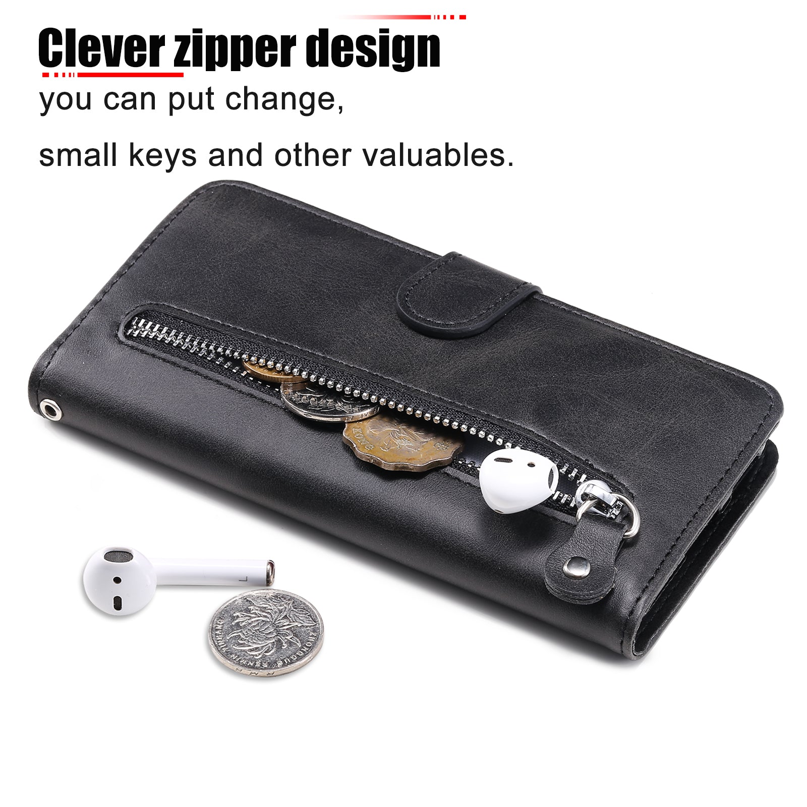 Uniqkart for iPhone 15 Pro Max Anti-Scratch Calf Texture Phone Case Zipper Pocket Wallet Foldable Stand Cover - Black