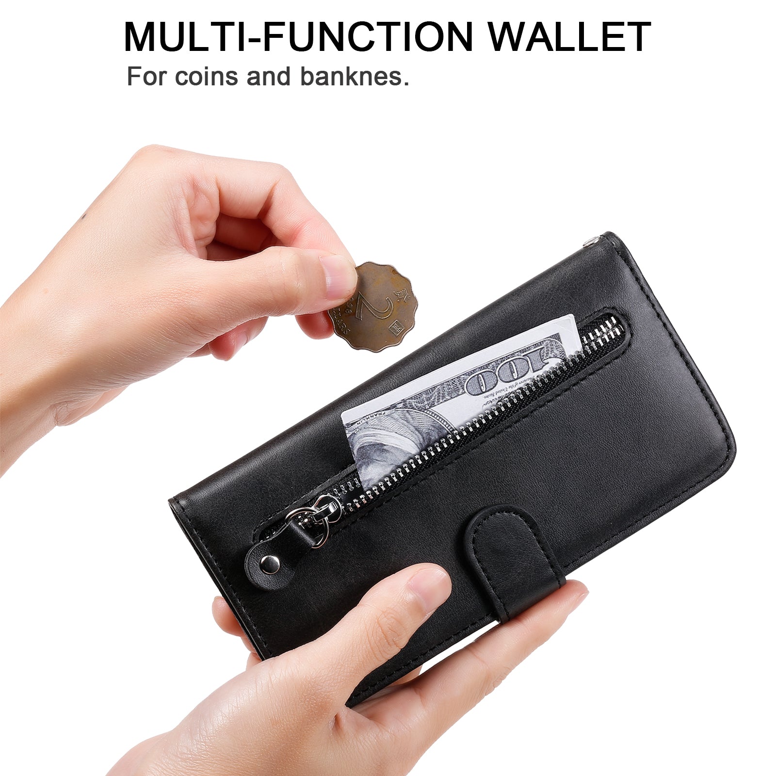 Uniqkart for iPhone 15 Pro Max Anti-Scratch Calf Texture Phone Case Zipper Pocket Wallet Foldable Stand Cover - Black