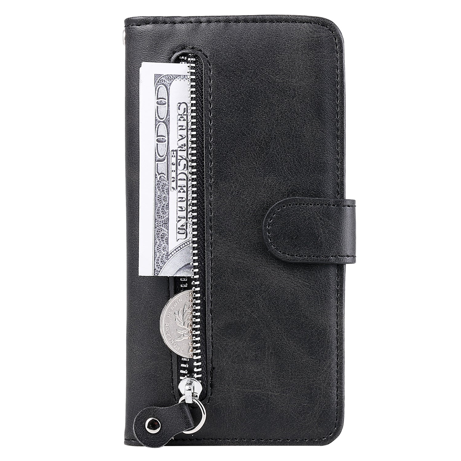 Uniqkart for iPhone 15 Pro Max Anti-Scratch Calf Texture Phone Case Zipper Pocket Wallet Foldable Stand Cover - Black
