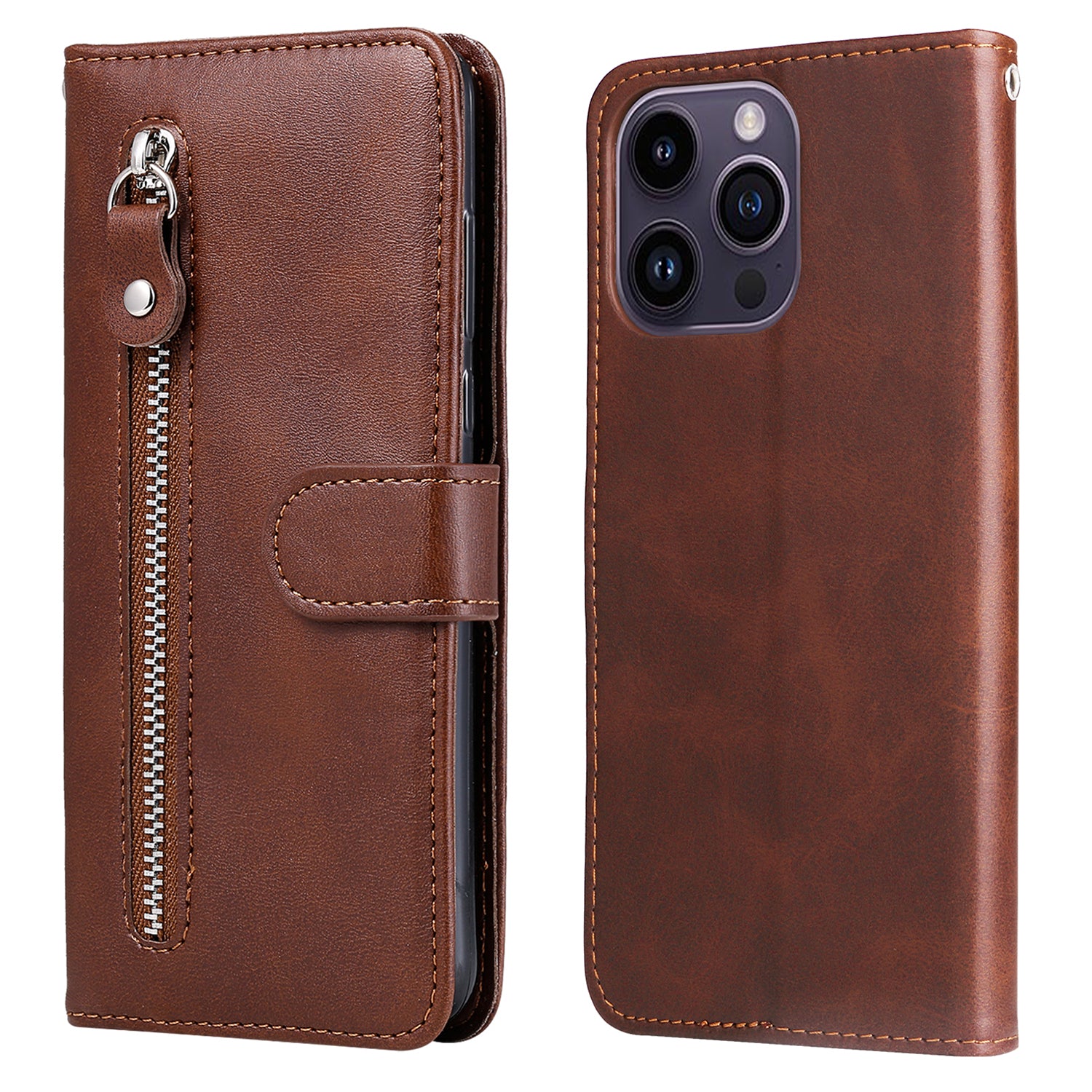 Uniqkart for iPhone 15 Pro Max Anti-Scratch Calf Texture Phone Case Zipper Pocket Wallet Foldable Stand Cover - Brown