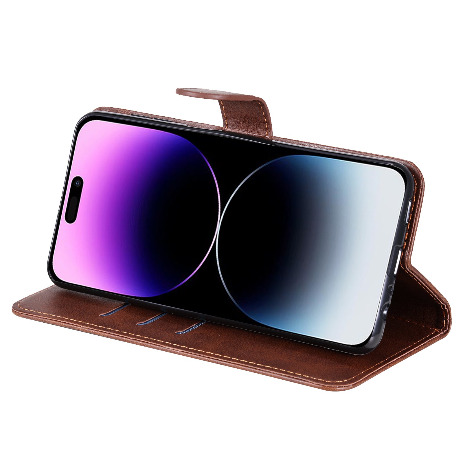 Uniqkart for iPhone 15 Pro Max Anti-Scratch Calf Texture Phone Case Zipper Pocket Wallet Foldable Stand Cover - Brown