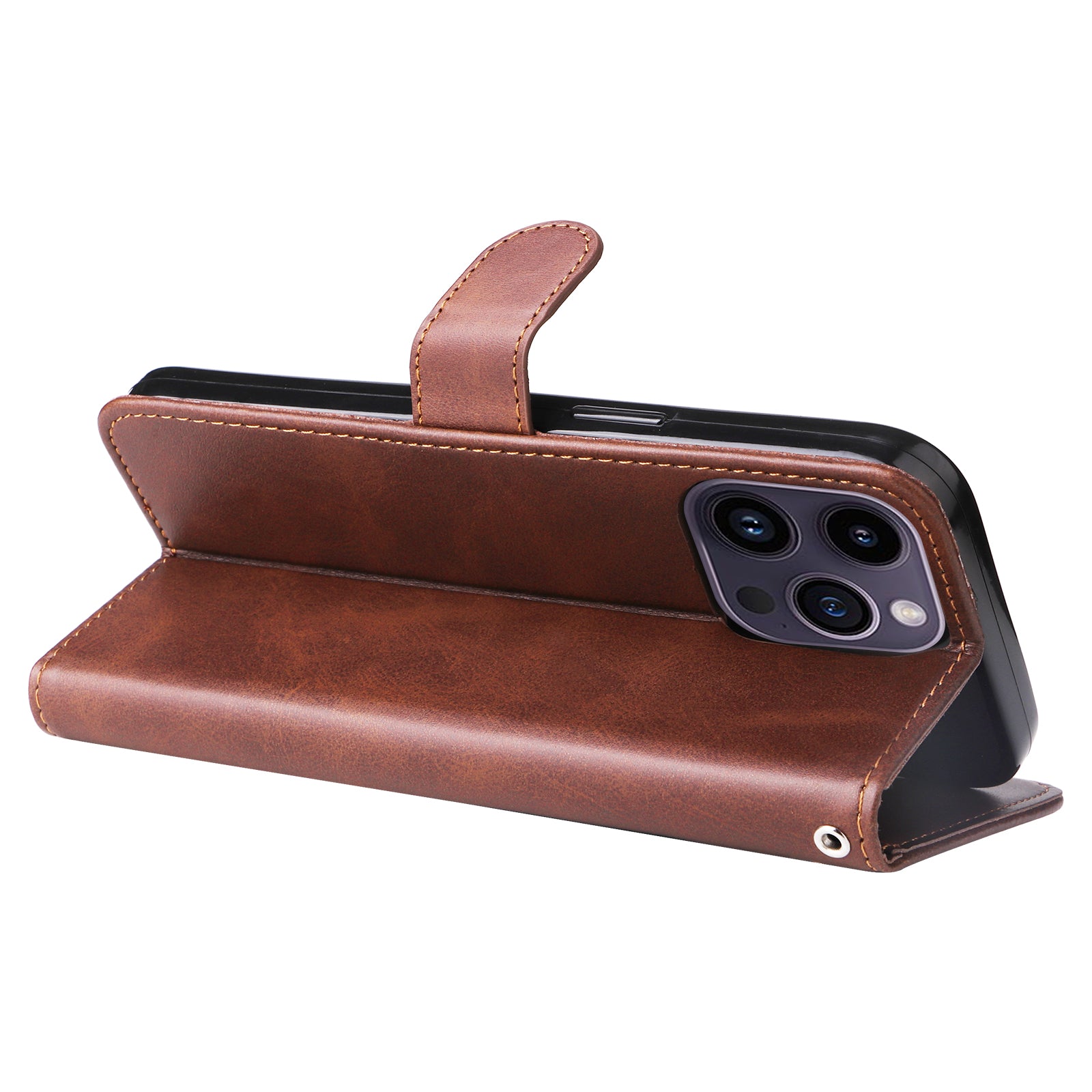 Uniqkart for iPhone 15 Pro Max Anti-Scratch Calf Texture Phone Case Zipper Pocket Wallet Foldable Stand Cover - Brown