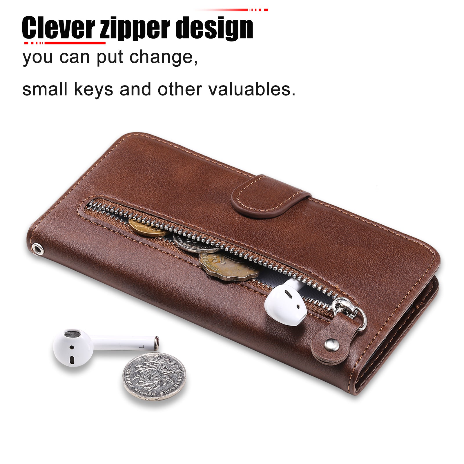 Uniqkart for iPhone 15 Pro Max Anti-Scratch Calf Texture Phone Case Zipper Pocket Wallet Foldable Stand Cover - Brown