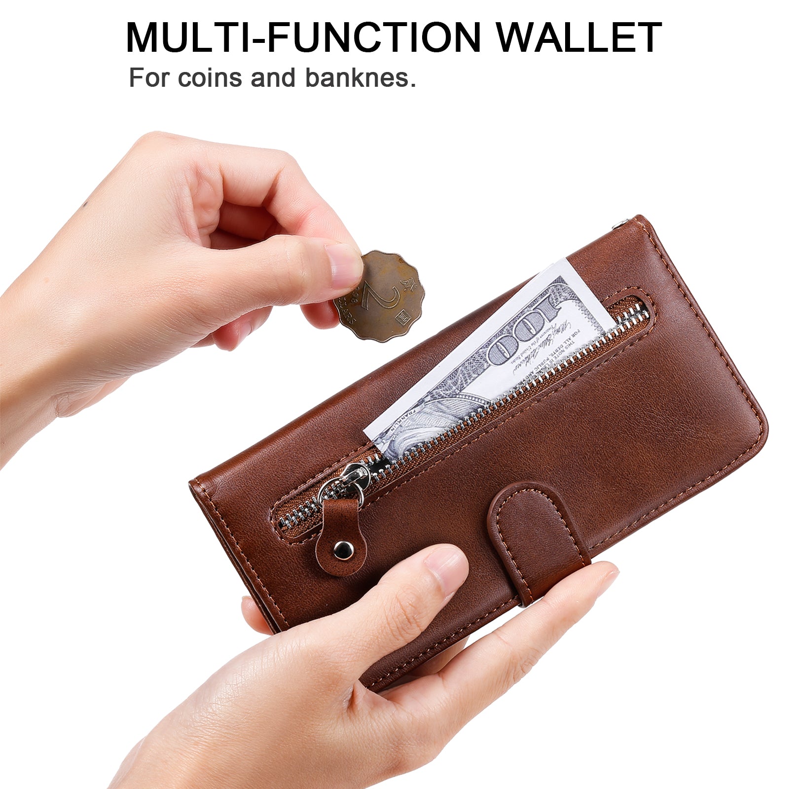 Uniqkart for iPhone 15 Pro Max Anti-Scratch Calf Texture Phone Case Zipper Pocket Wallet Foldable Stand Cover - Brown