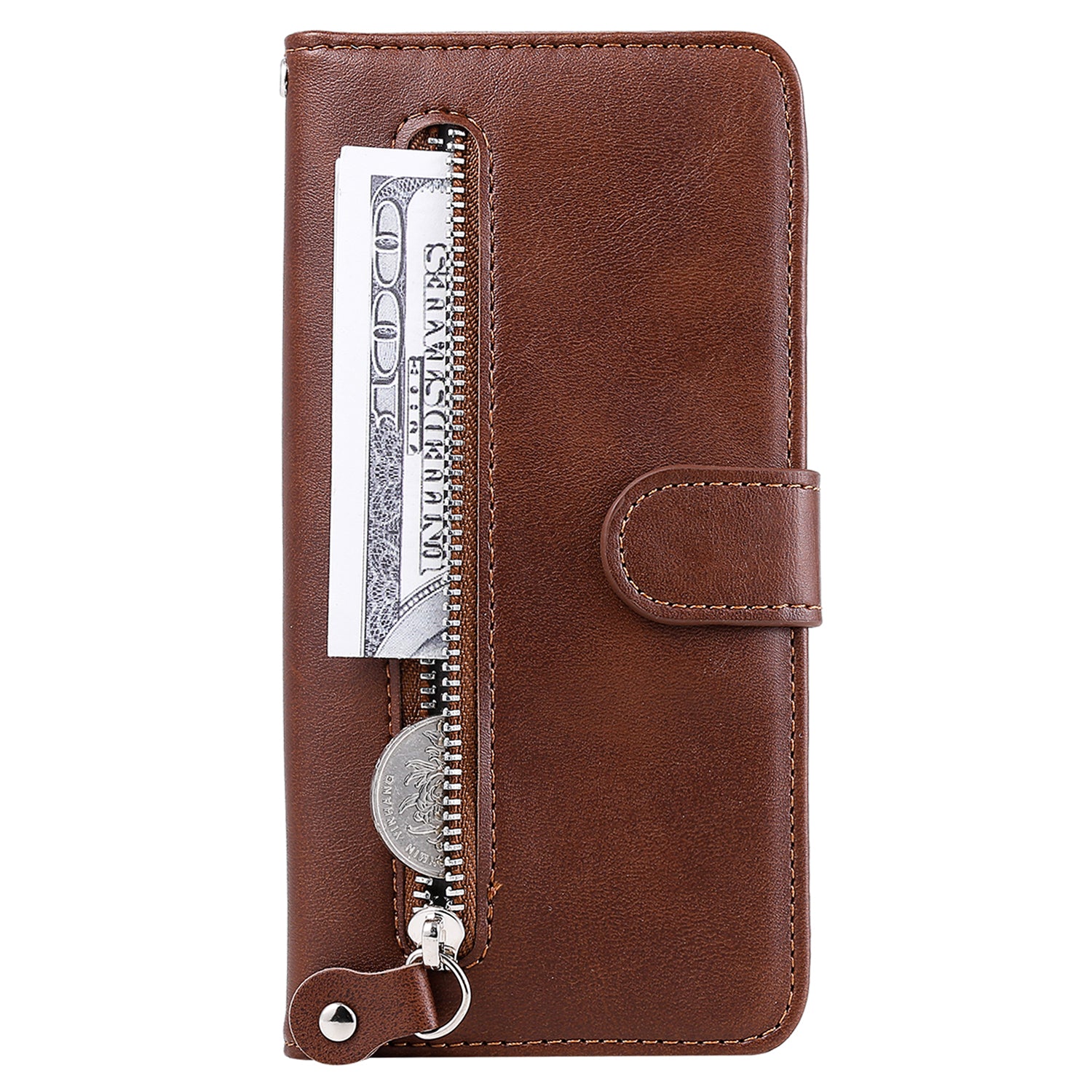 Uniqkart for iPhone 15 Pro Max Anti-Scratch Calf Texture Phone Case Zipper Pocket Wallet Foldable Stand Cover - Brown