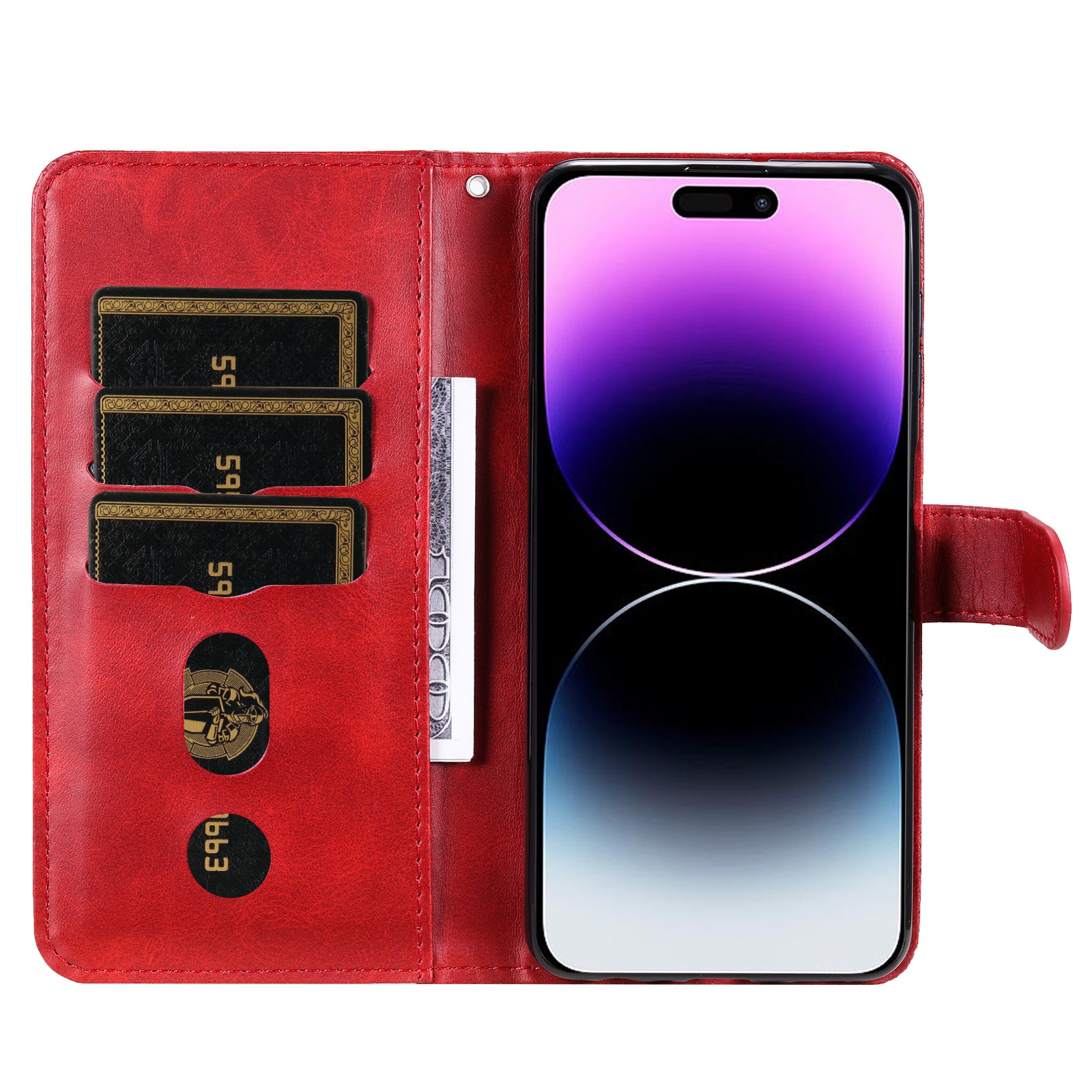 Uniqkart for iPhone 15 Pro Max Anti-Scratch Calf Texture Phone Case Zipper Pocket Wallet Foldable Stand Cover - Red