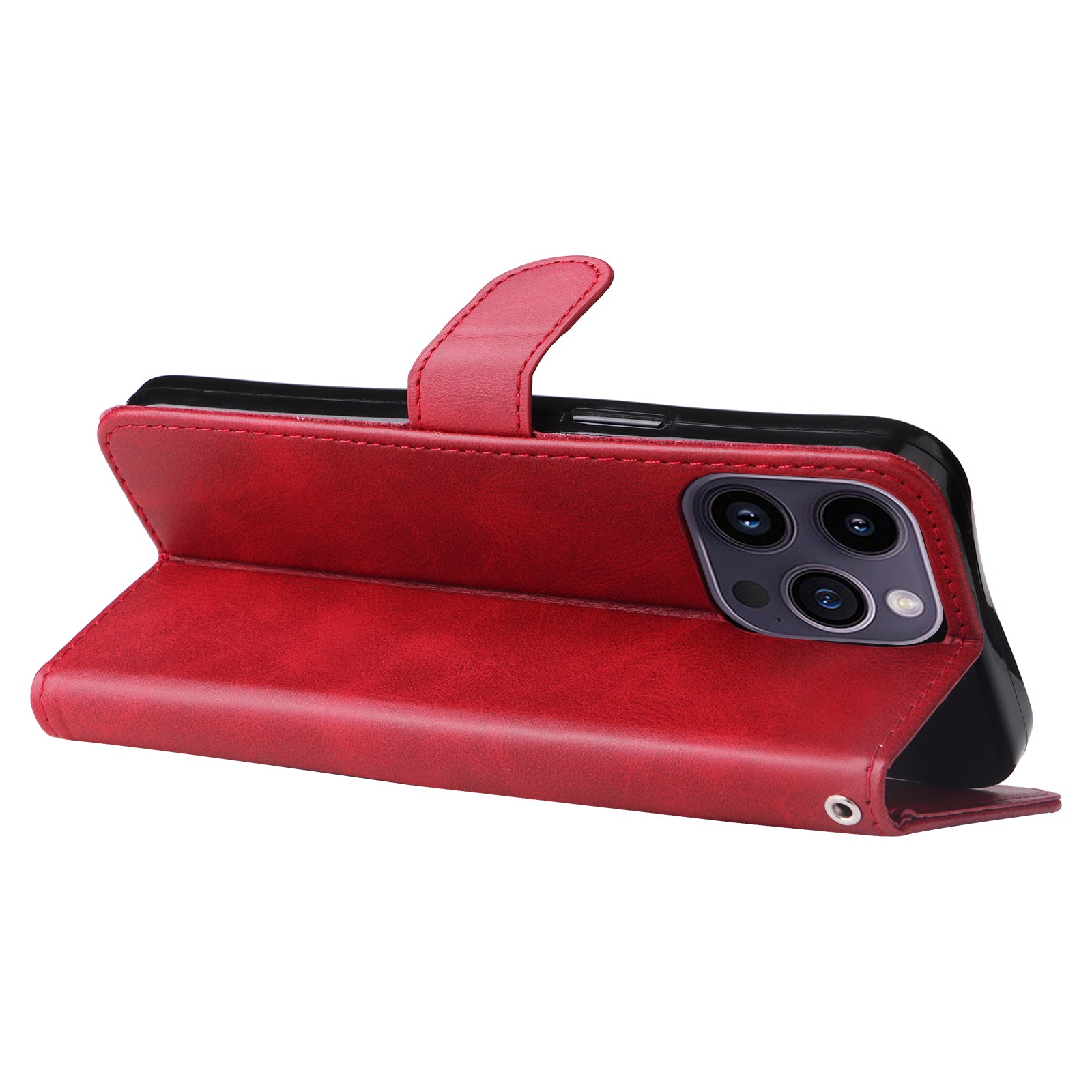 Uniqkart for iPhone 15 Pro Max Anti-Scratch Calf Texture Phone Case Zipper Pocket Wallet Foldable Stand Cover - Red