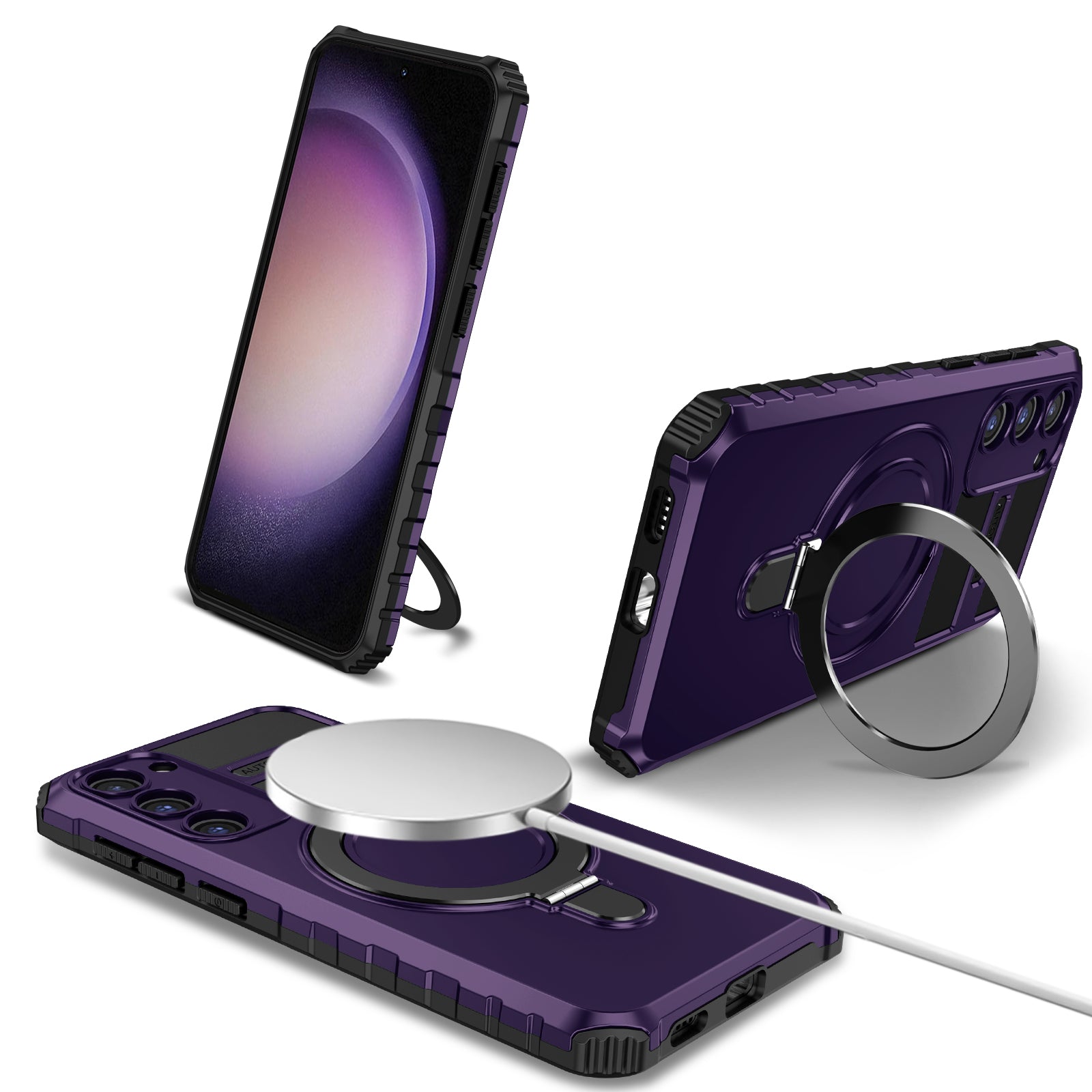 Uniqkart for Samsung Galaxy S23+ Magnetic Phone Case Kickstand PC+TPU Rugged Protective Cover - Purple