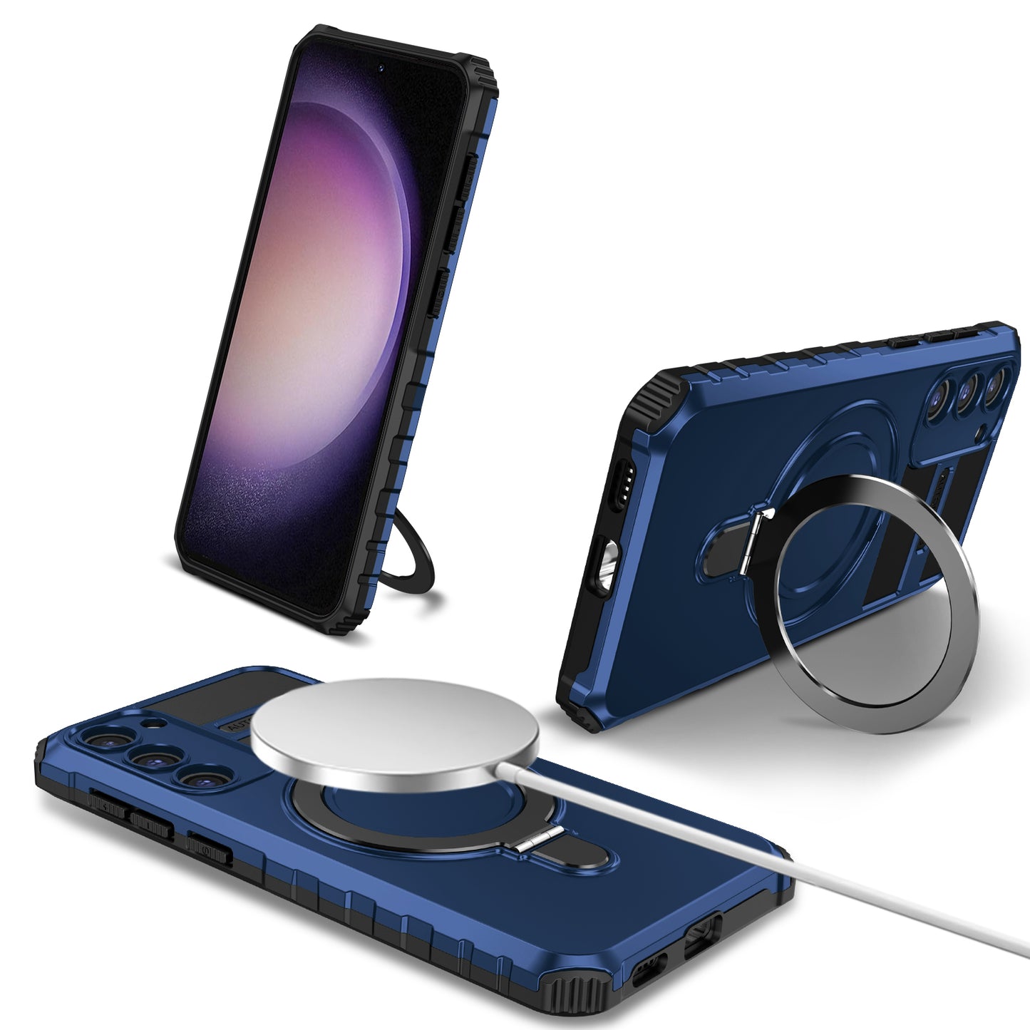 Uniqkart for Samsung Galaxy S23 Ring Kickstand Phone Case Shockproof PC+TPU Magnetic Cover - Blue