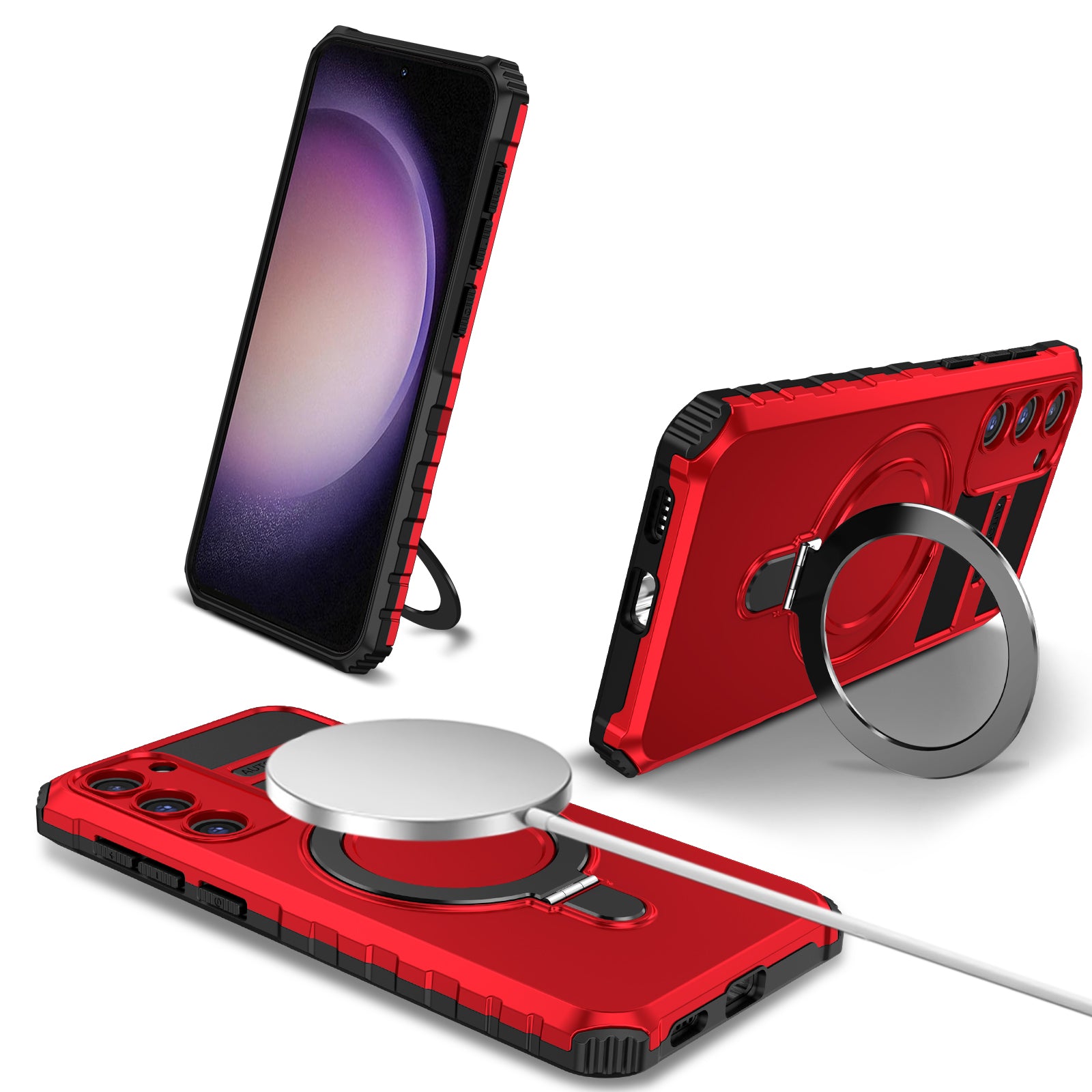 Uniqkart for Samsung Galaxy S23 Ring Kickstand Phone Case Shockproof PC+TPU Magnetic Cover - Red