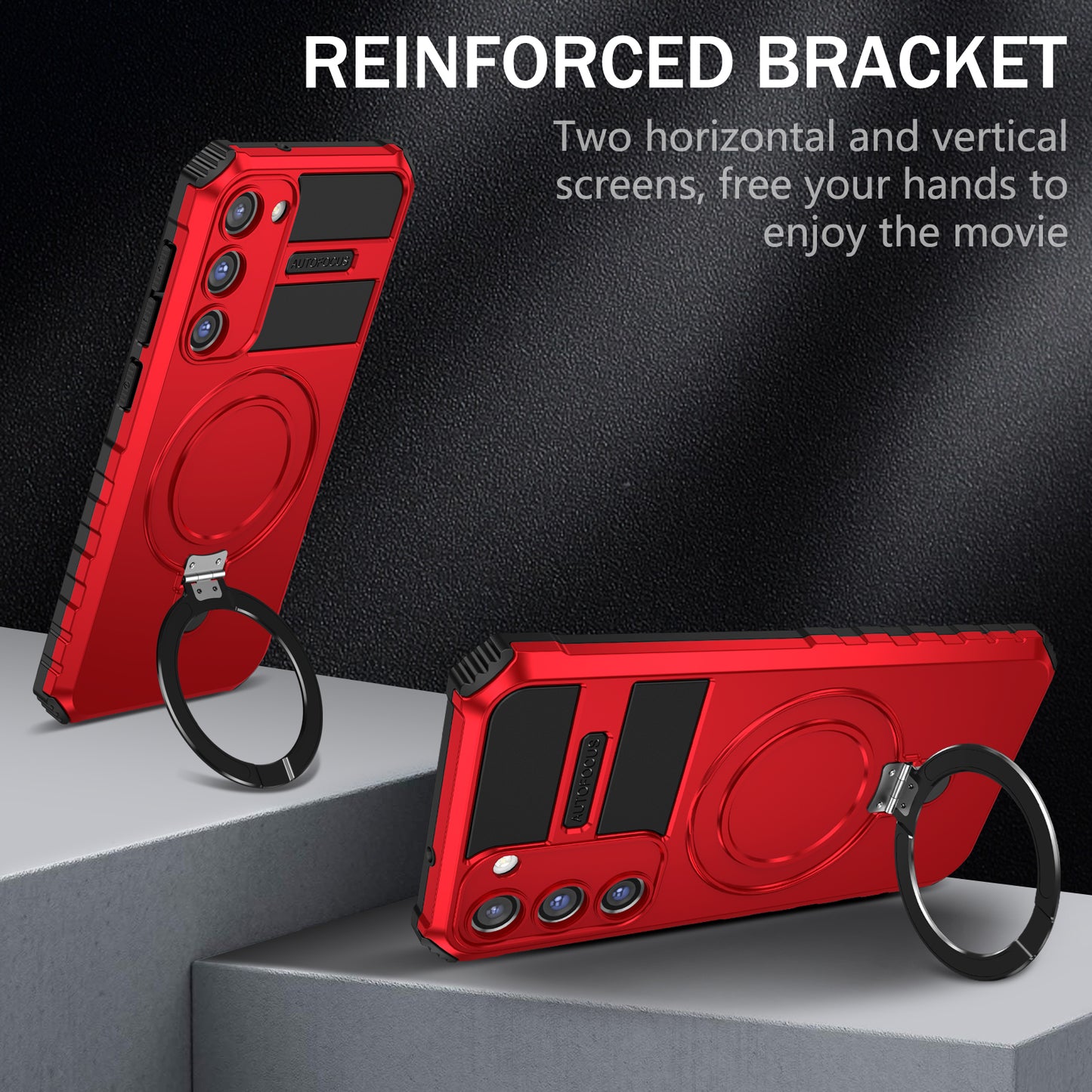 Uniqkart for Samsung Galaxy S23 Ring Kickstand Phone Case Shockproof PC+TPU Magnetic Cover - Red