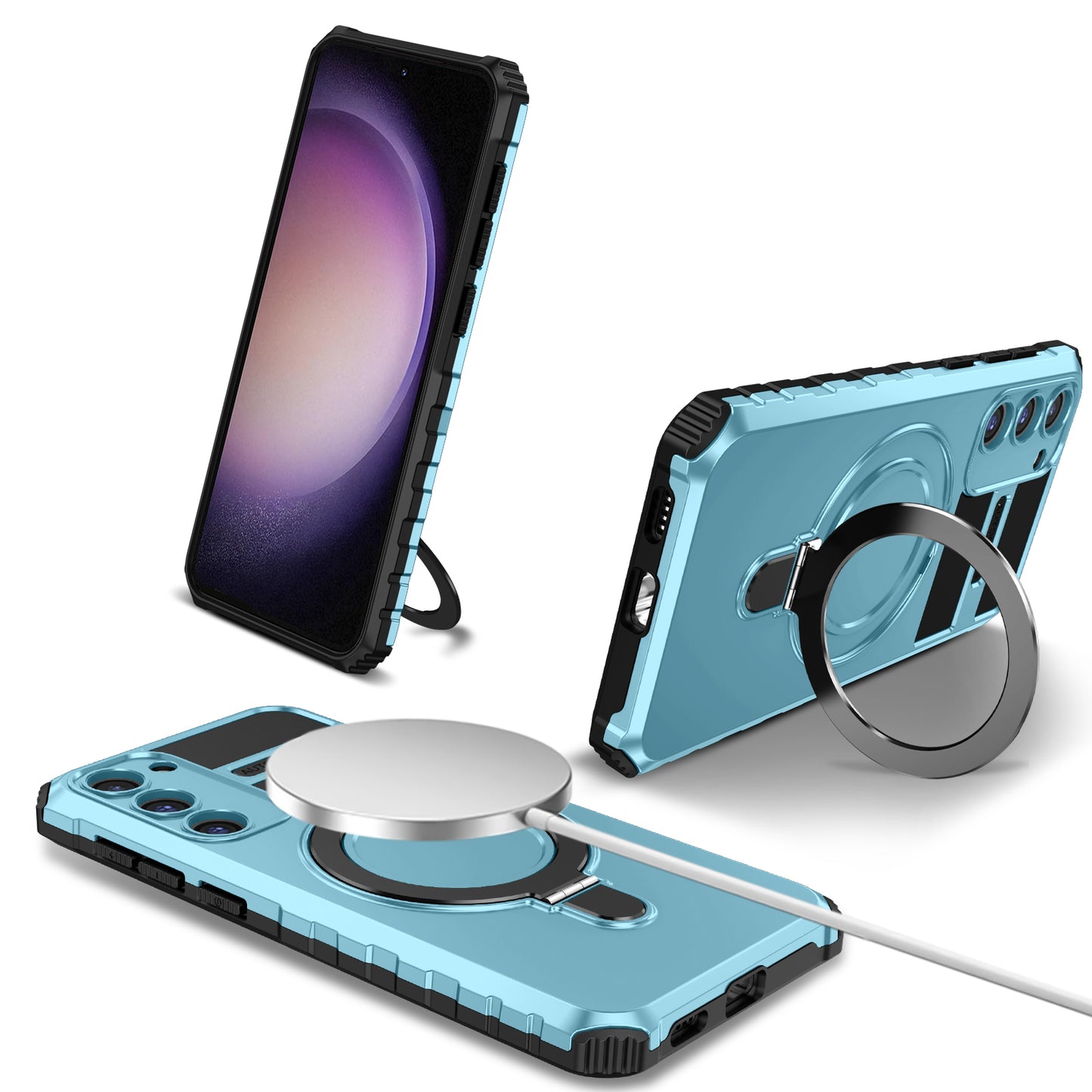 Uniqkart for Samsung Galaxy S23 Ring Kickstand Phone Case Shockproof PC+TPU Magnetic Cover - Baby Blue