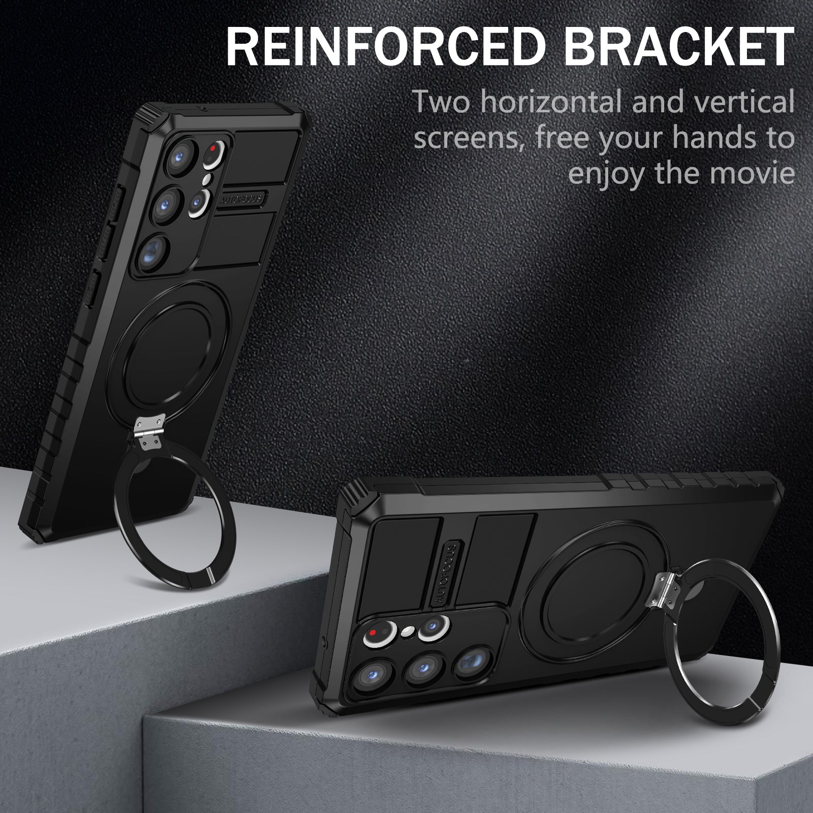 Uniqkart for Samsung Galaxy S23 Ultra PC+TPU Phone Case Magnetic Finger Grip Kickstand Cover - Black