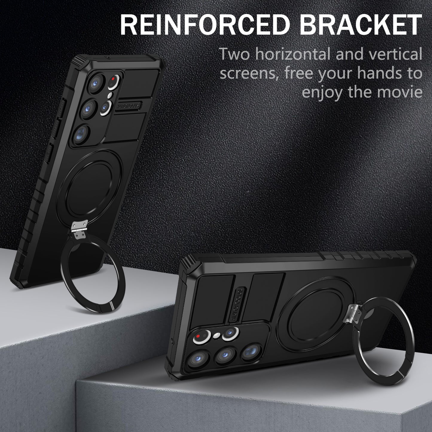Uniqkart for Samsung Galaxy S23 Ultra PC+TPU Phone Case Magnetic Finger Grip Kickstand Cover - Black
