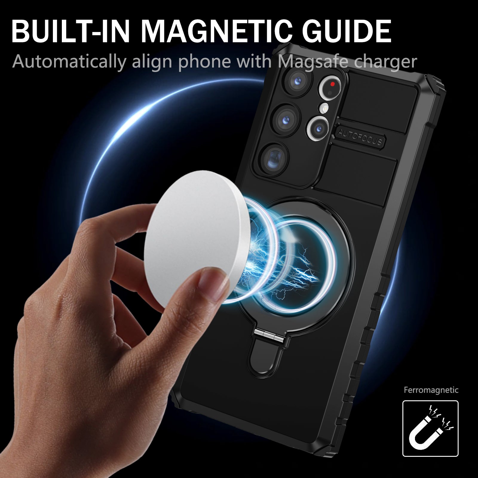 Uniqkart for Samsung Galaxy S23 Ultra PC+TPU Phone Case Magnetic Finger Grip Kickstand Cover - Black