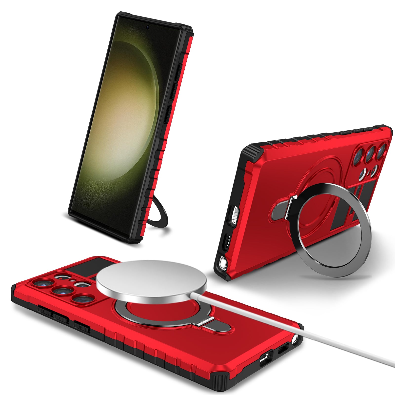 Uniqkart for Samsung Galaxy S23 Ultra PC+TPU Phone Case Magnetic Finger Grip Kickstand Cover - Red