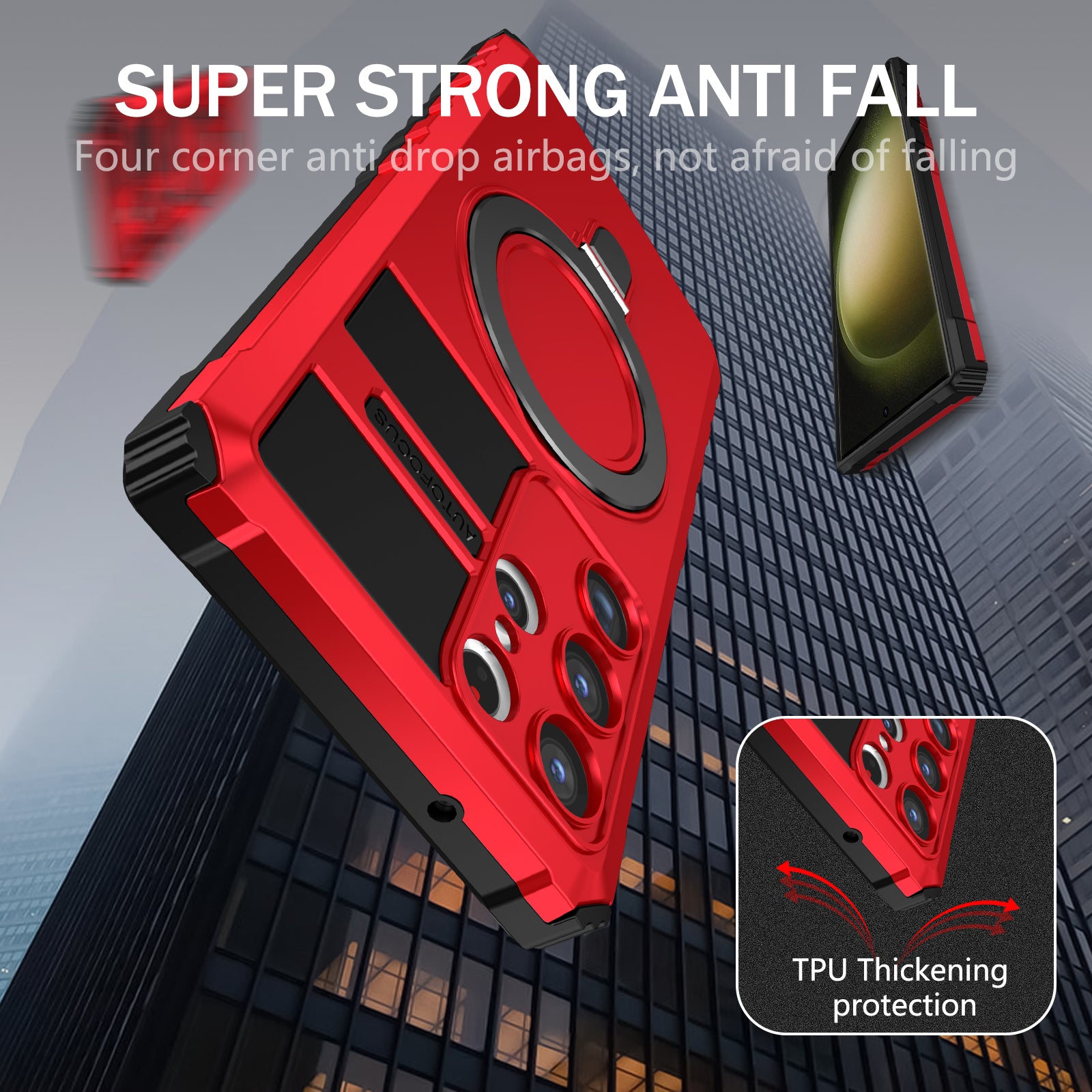 Uniqkart for Samsung Galaxy S23 Ultra PC+TPU Phone Case Magnetic Finger Grip Kickstand Cover - Red