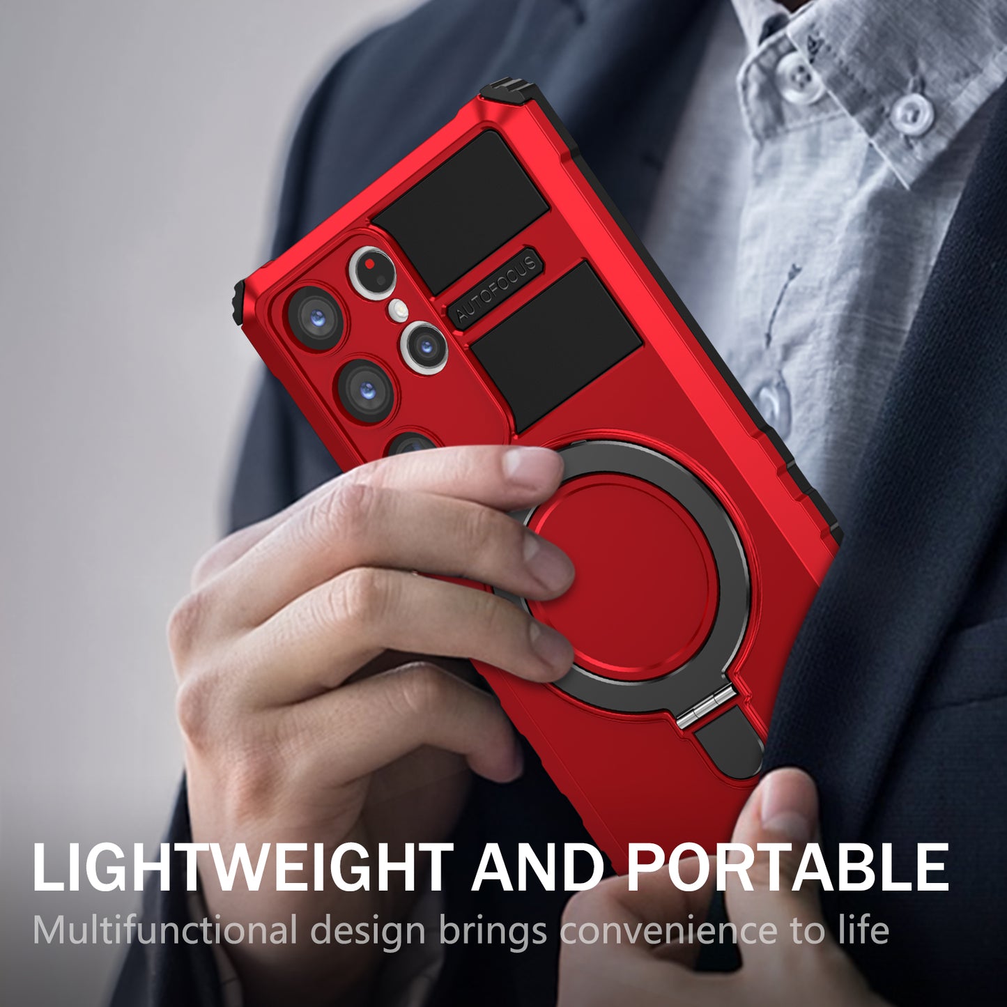 Uniqkart for Samsung Galaxy S23 Ultra PC+TPU Phone Case Magnetic Finger Grip Kickstand Cover - Red