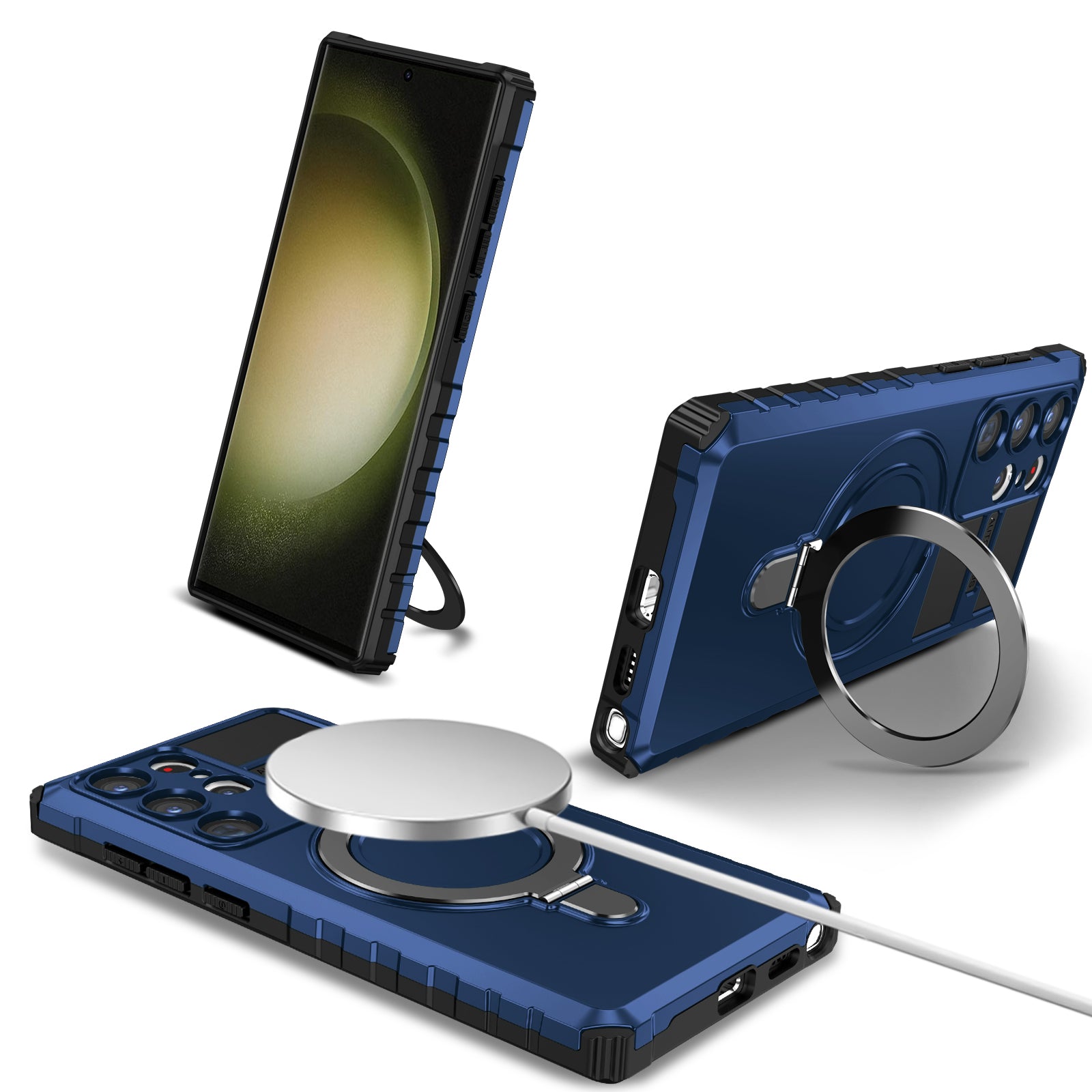 Uniqkart for Samsung Galaxy S23 Ultra PC+TPU Phone Case Magnetic Finger Grip Kickstand Cover - Blue