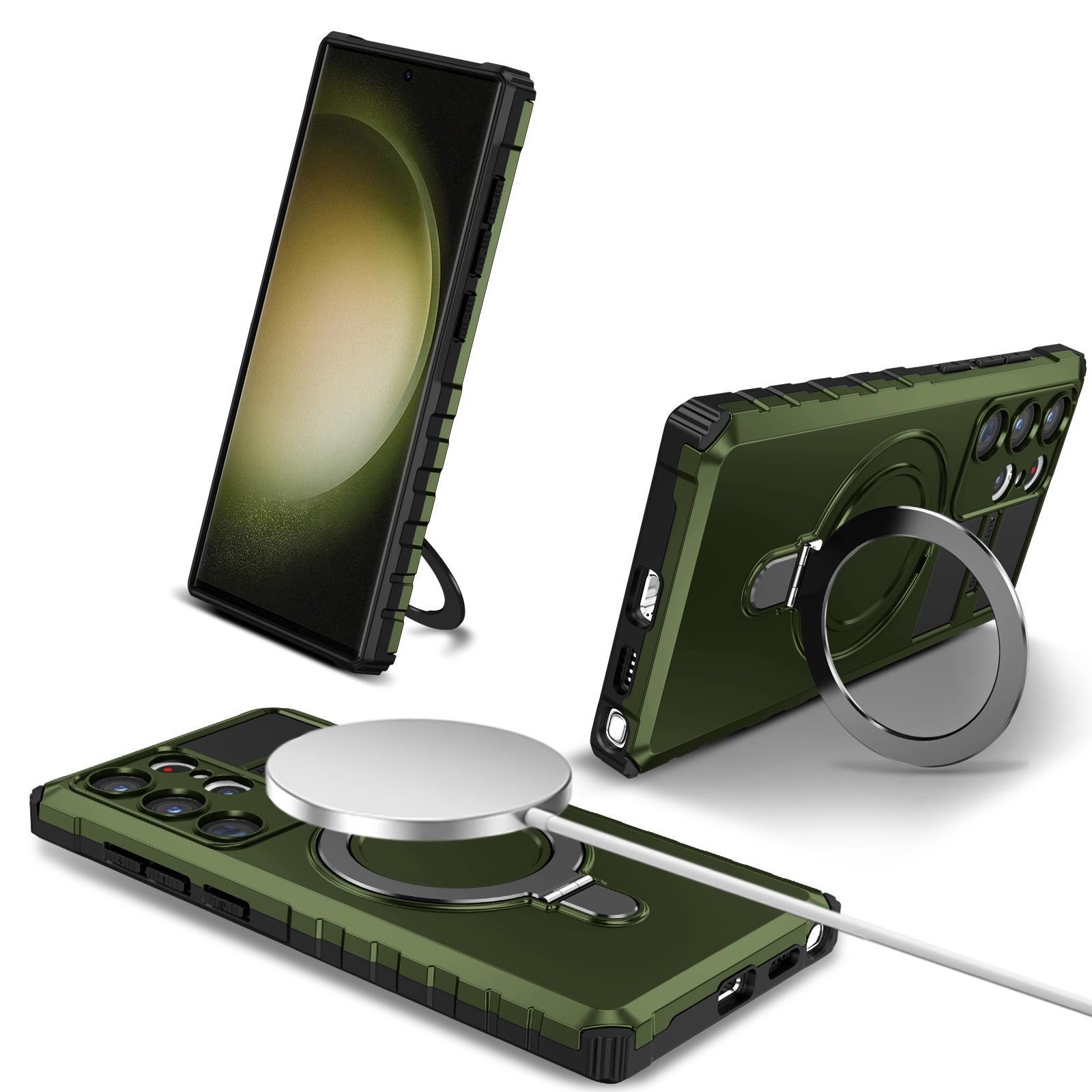 Uniqkart for Samsung Galaxy S23 Ultra PC+TPU Phone Case Magnetic Finger Grip Kickstand Cover - Green