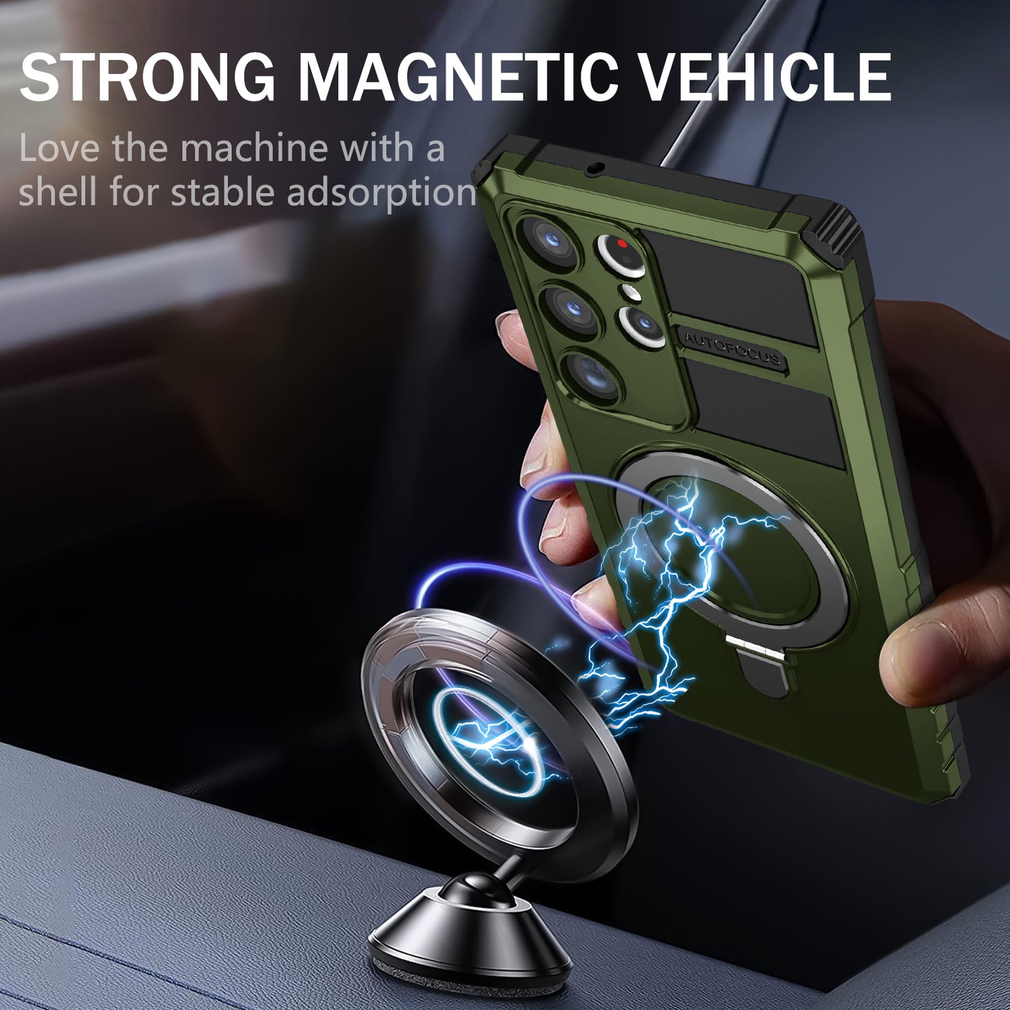 Uniqkart for Samsung Galaxy S23 Ultra PC+TPU Phone Case Magnetic Finger Grip Kickstand Cover - Green