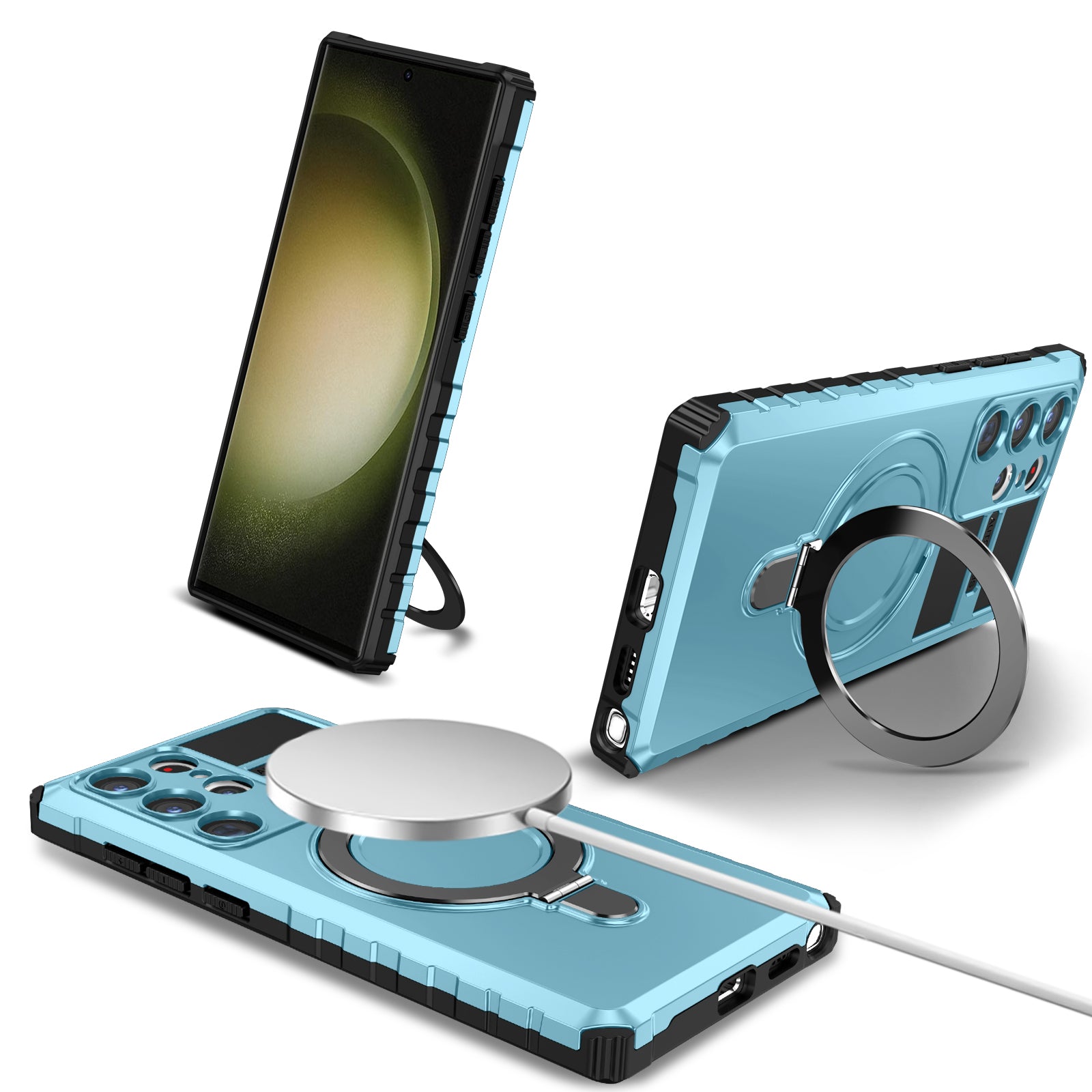 Uniqkart for Samsung Galaxy S23 Ultra PC+TPU Phone Case Magnetic Finger Grip Kickstand Cover - Baby Blue
