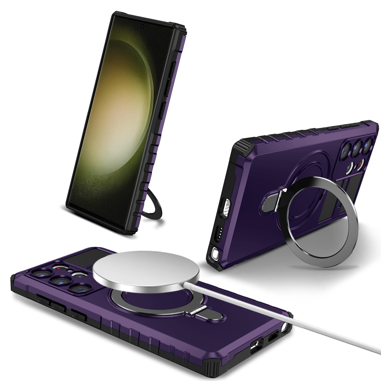 Uniqkart for Samsung Galaxy S23 Ultra PC+TPU Phone Case Magnetic Finger Grip Kickstand Cover - Purple