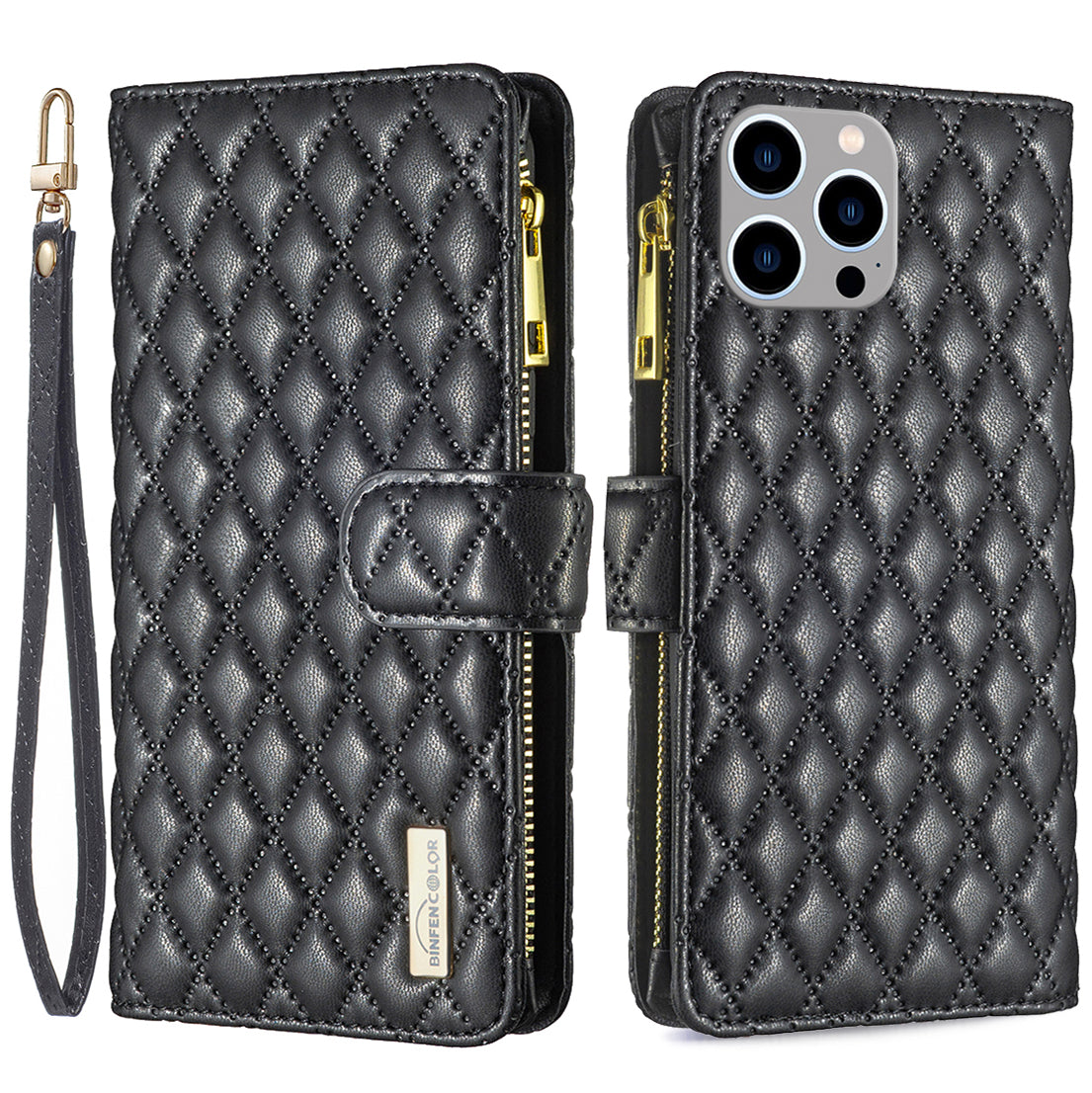 Binfen Color BF Style-15 For iPhone 15 Pro Max Wallet Phone Stand Shell Flip Case Zipper Pocket Leather Cover - Black