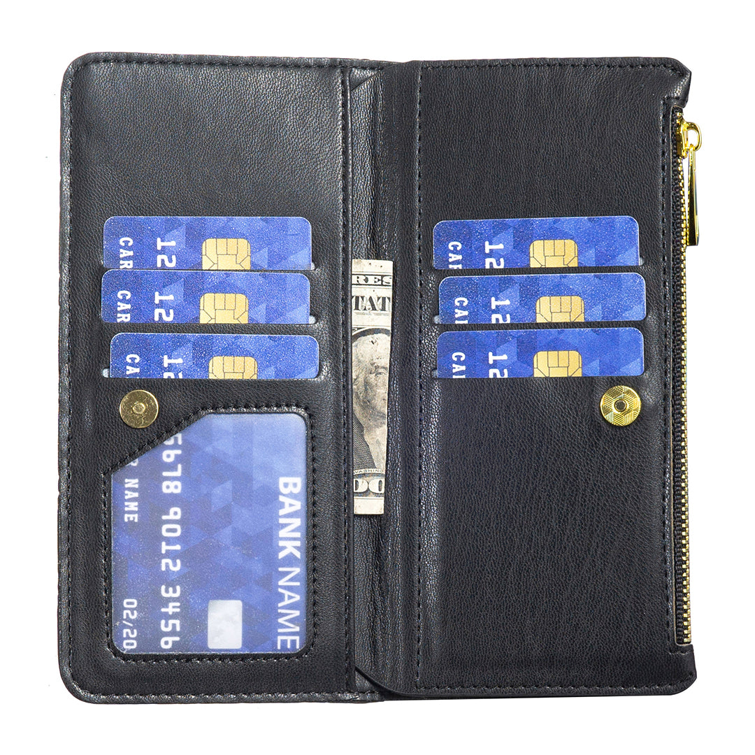 Binfen Color BF Style-15 For iPhone 15 Pro Max Wallet Phone Stand Shell Flip Case Zipper Pocket Leather Cover - Black