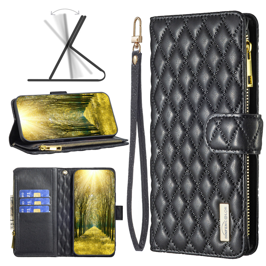 Binfen Color BF Style-15 For iPhone 15 Pro Max Wallet Phone Stand Shell Flip Case Zipper Pocket Leather Cover - Black