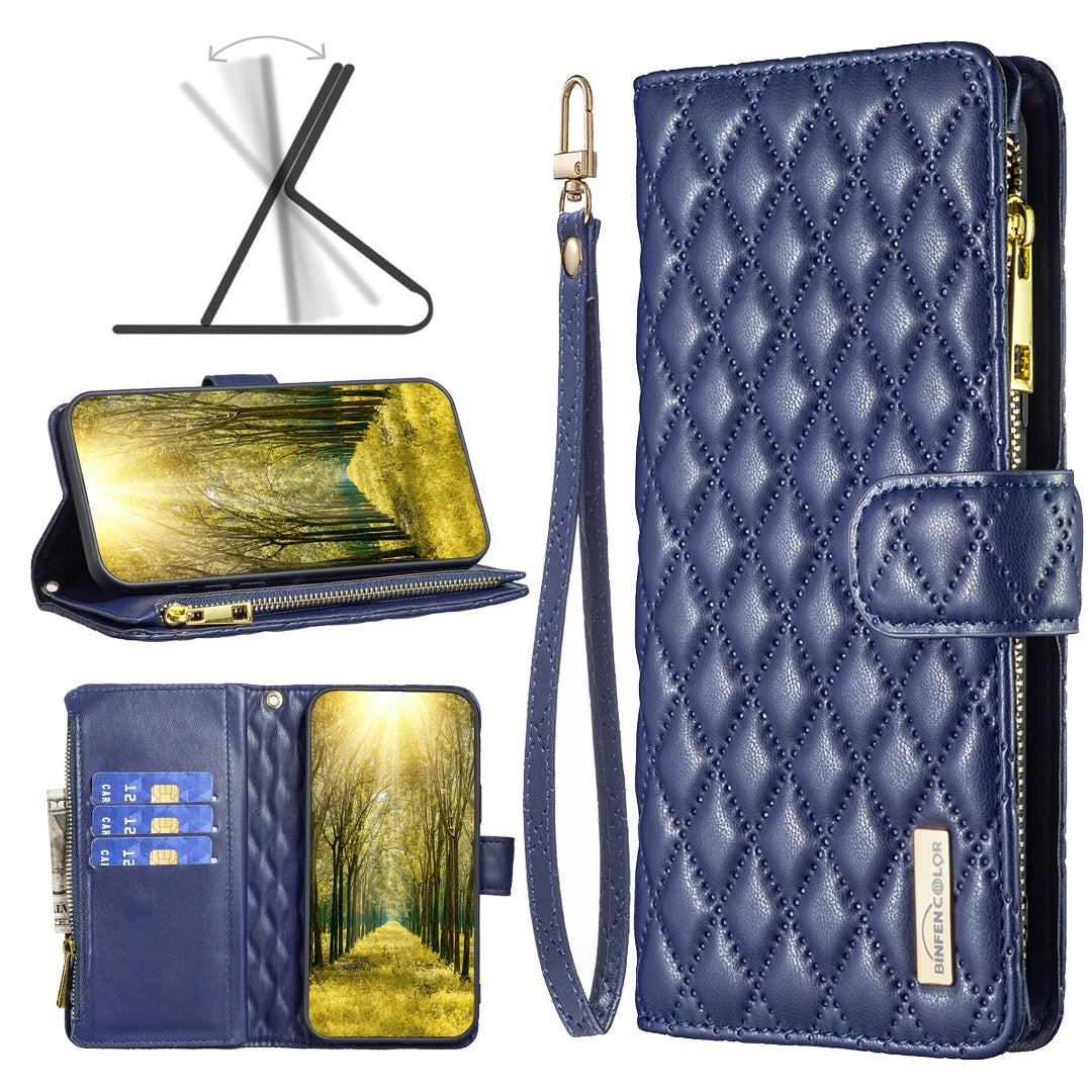 Binfen Color BF Style-15 For iPhone 15 Pro Max Wallet Phone Stand Shell Flip Case Zipper Pocket Leather Cover - Blue