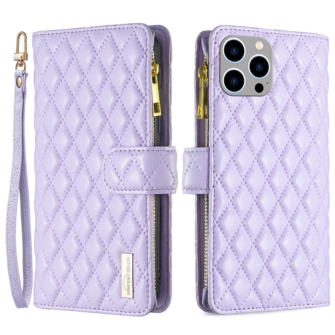 Binfen Color BF Style-15 For iPhone 15 Pro Max Wallet Phone Stand Shell Flip Case Zipper Pocket Leather Cover - Purple