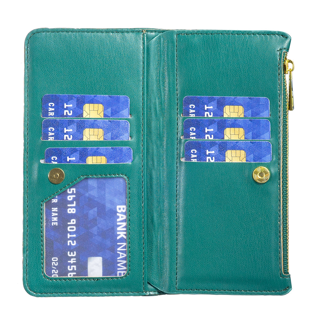 Binfen Color BF Style-15 For iPhone 15 Pro Zipper Pocket Flip Case Wallet Phone Stand Shell Leather Cover - Green
