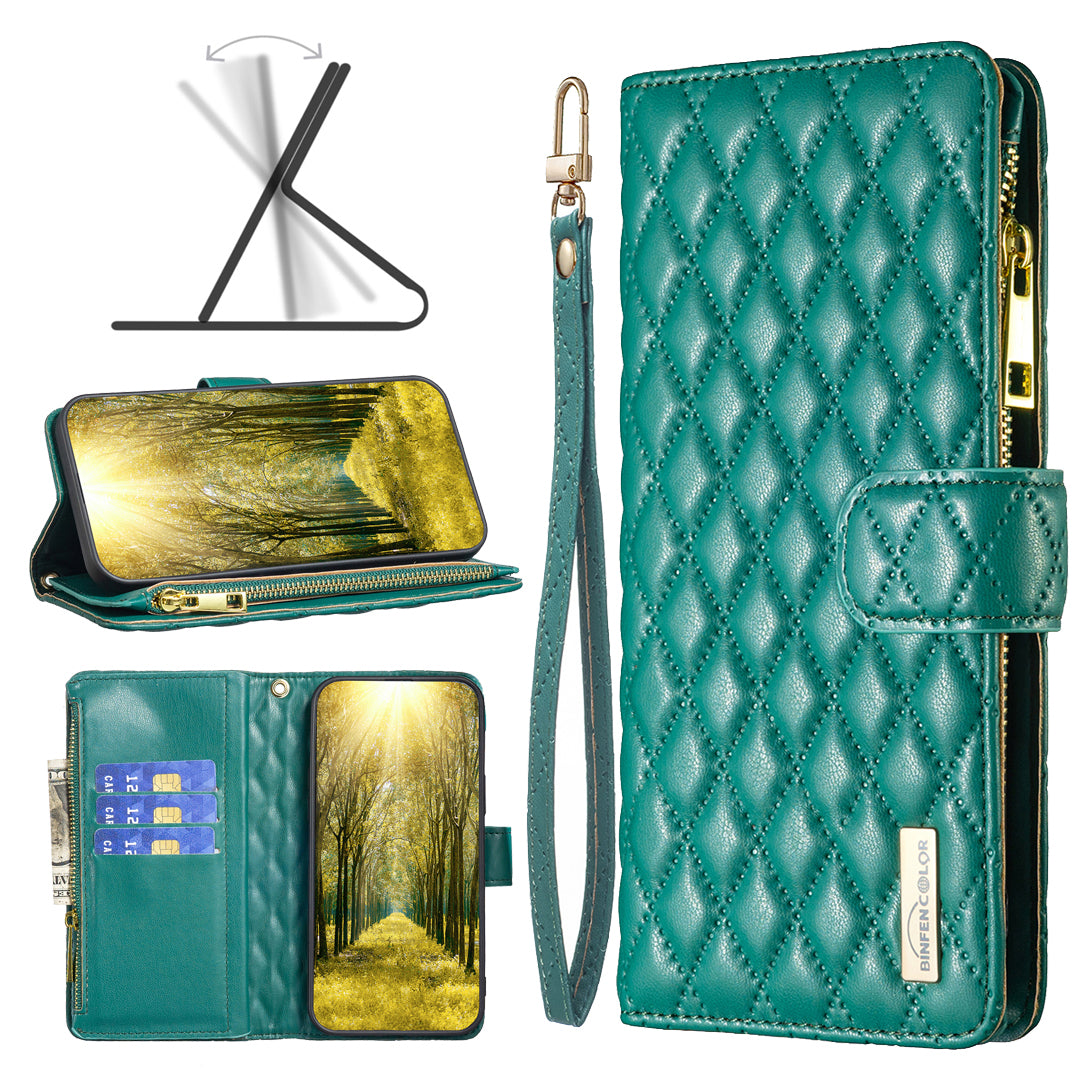 Binfen Color BF Style-15 For iPhone 15 Pro Zipper Pocket Flip Case Wallet Phone Stand Shell Leather Cover - Green