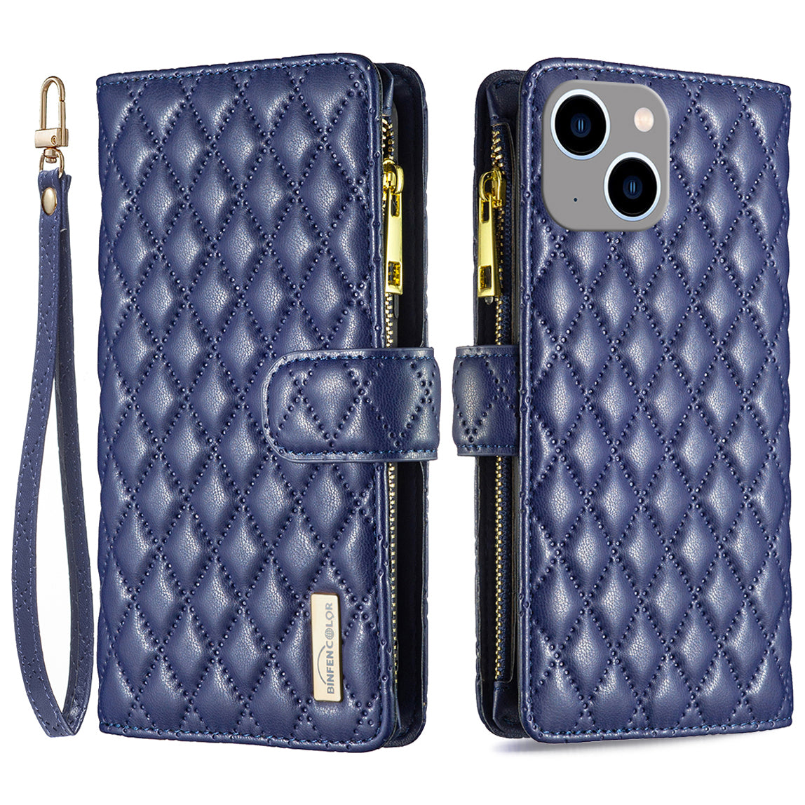 Binfen Color BF Style-15 For iPhone 15 Plus Flip Case Zipper Pocket Wallet Phone Stand Shell PU Leather Cover - Blue