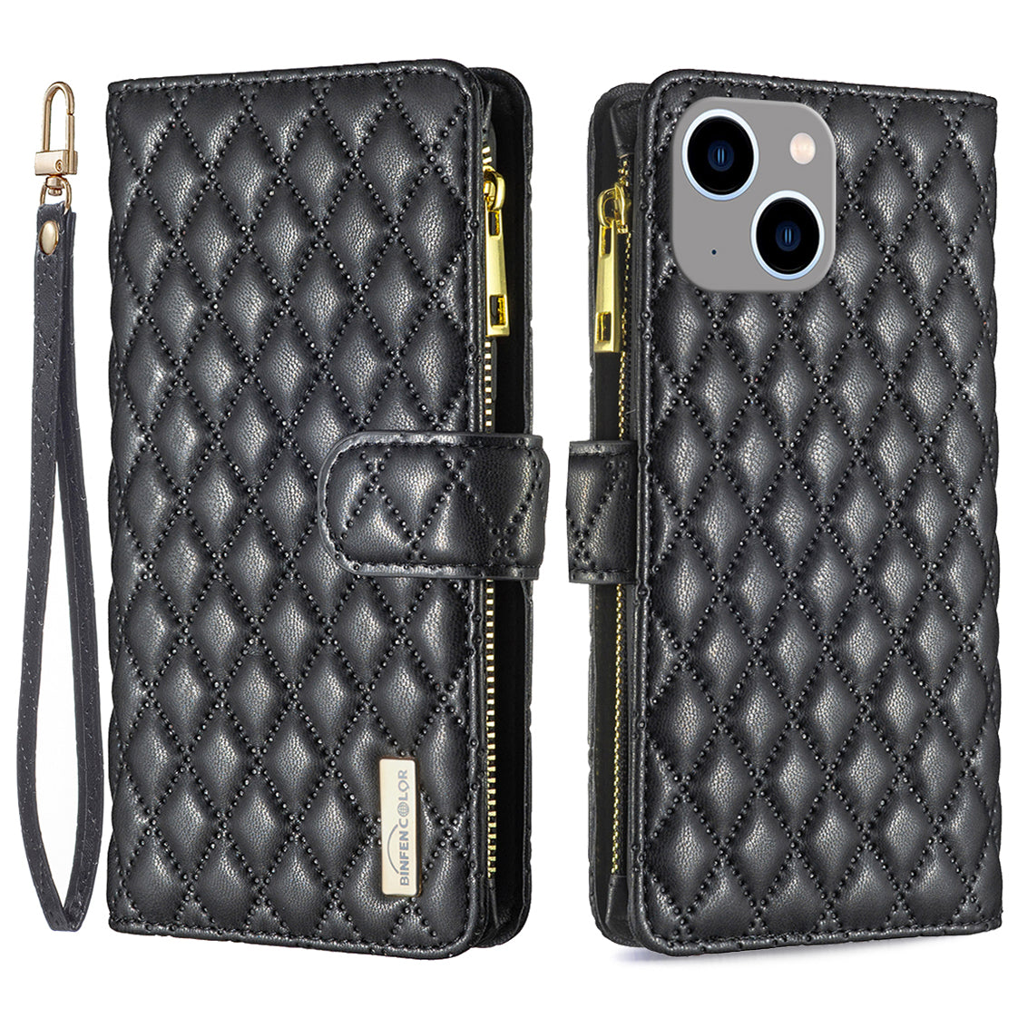 Binfen Color BF Style-15 For iPhone 15 Wallet Phone Stand Shell Flip Case Zipper Pocket Leather Cover - Black