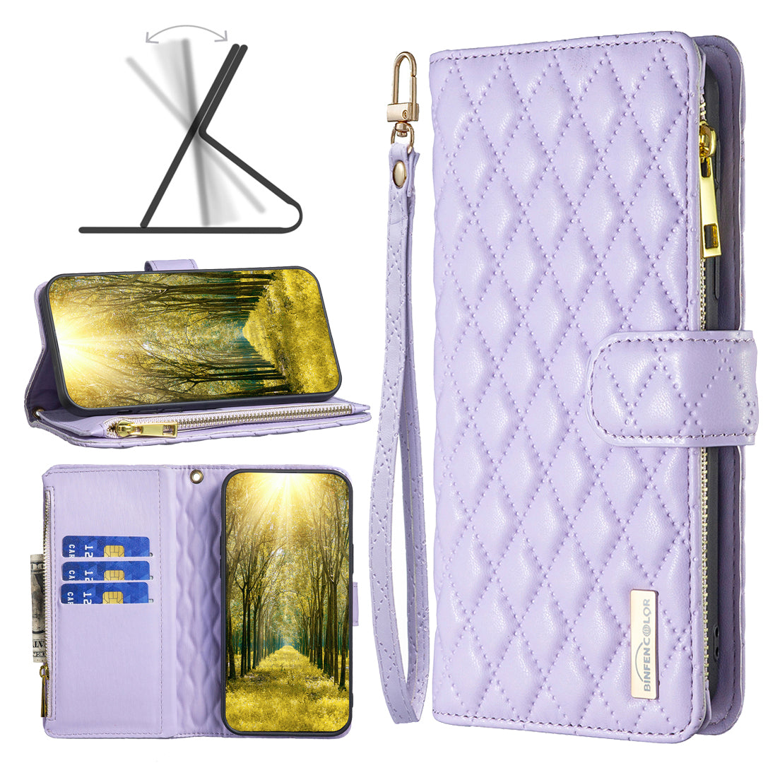 Binfen Color BF Style-15 For iPhone 15 Wallet Phone Stand Shell Flip Case Zipper Pocket Leather Cover - Purple