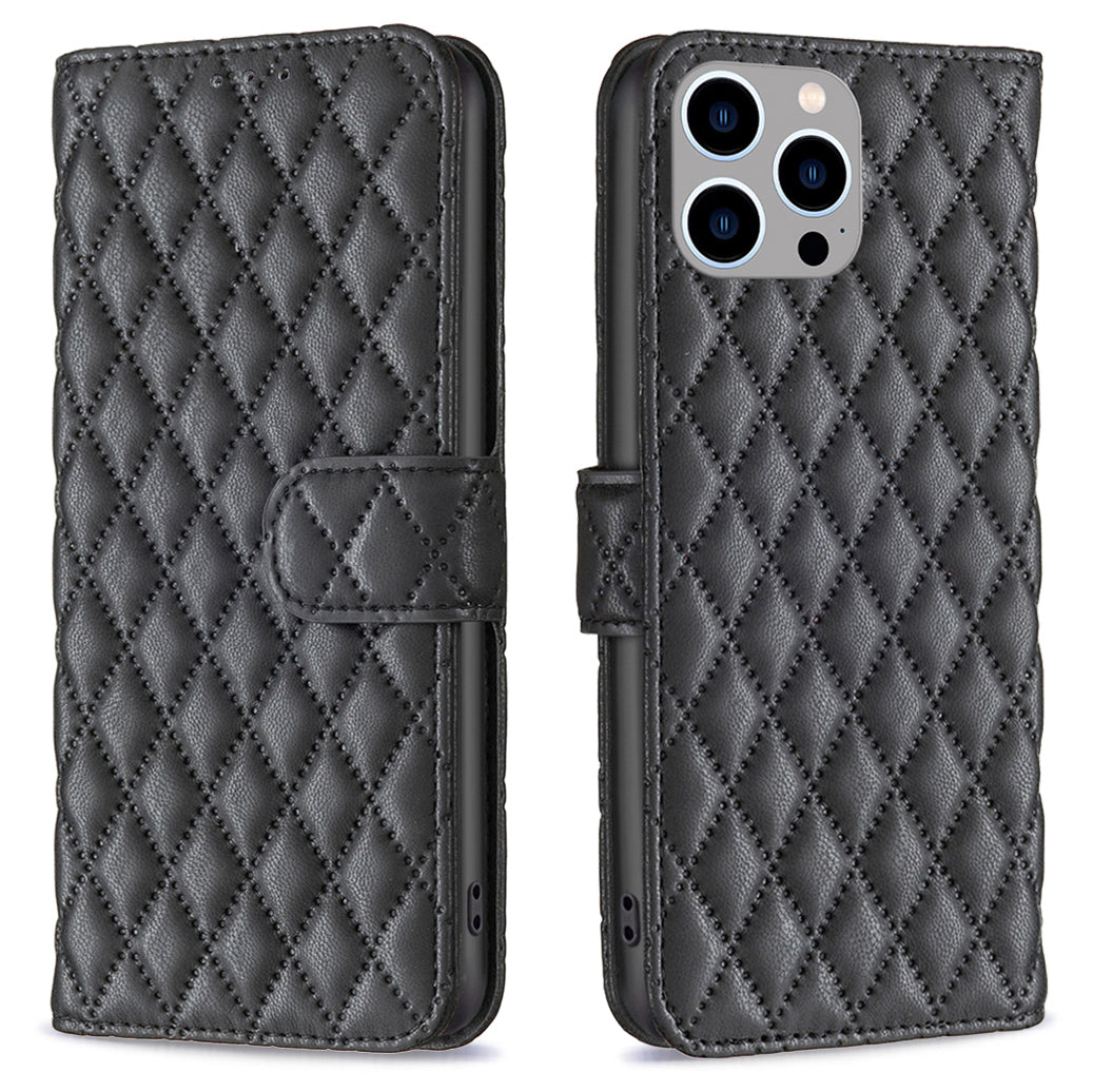 Binfen Color BF Style-14 for iPhone 15 Pro Imprinted Stand Phone Wallet Shell Leather Case Smartphone Cover - Black