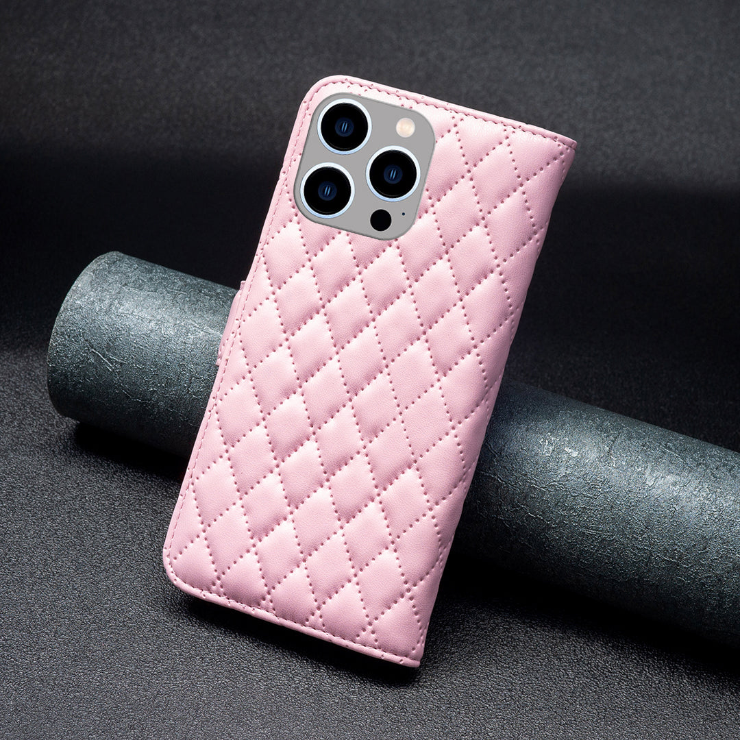 Binfen Color BF Style-14 for iPhone 15 Pro Imprinted Stand Phone Wallet Shell Leather Case Smartphone Cover - Pink