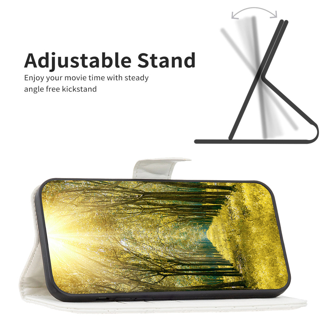 Binfen Color BF Style-14 for iPhone 15 Pro Imprinted Stand Phone Wallet Shell Leather Case Smartphone Cover - White