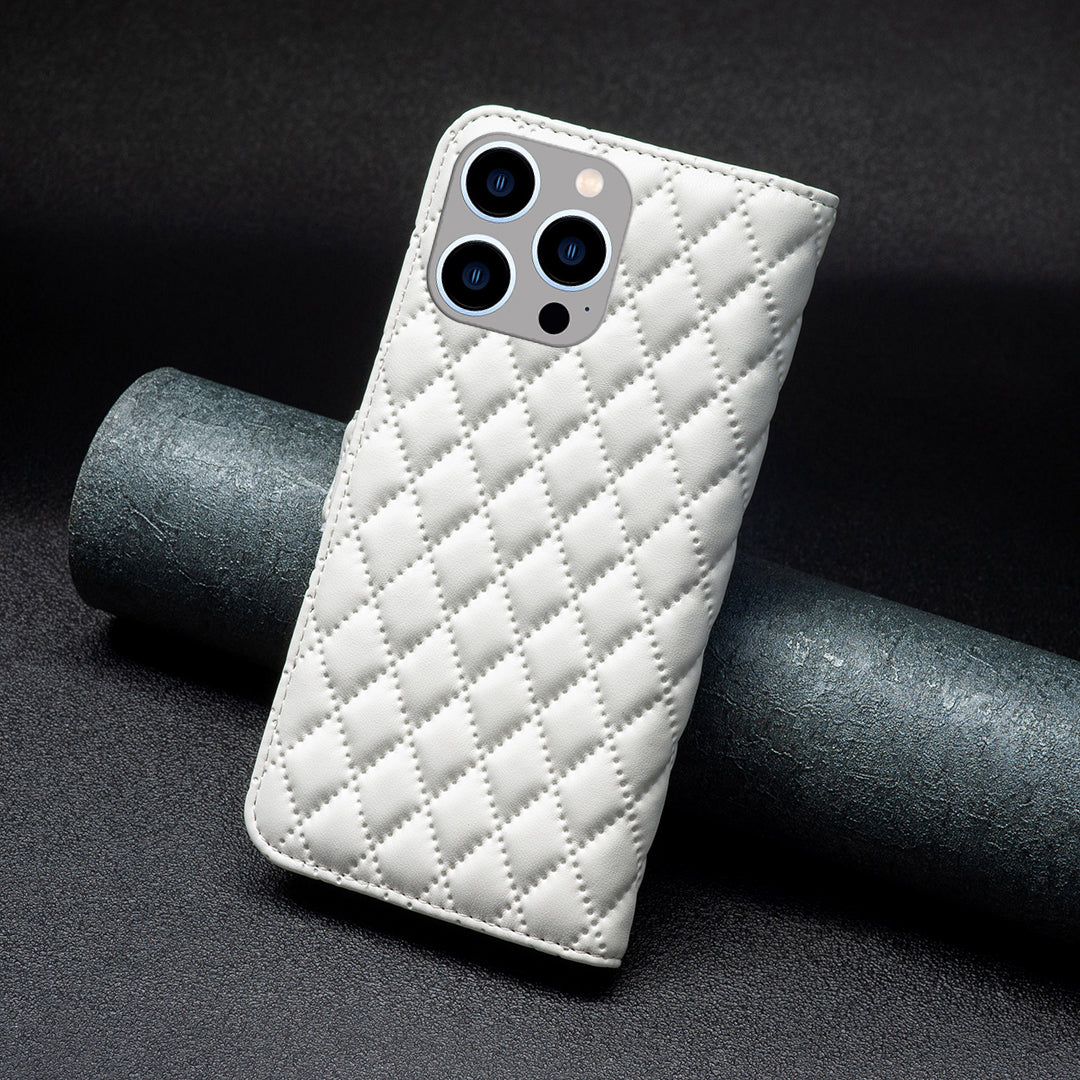 Binfen Color BF Style-14 for iPhone 15 Pro Imprinted Stand Phone Wallet Shell Leather Case Smartphone Cover - White