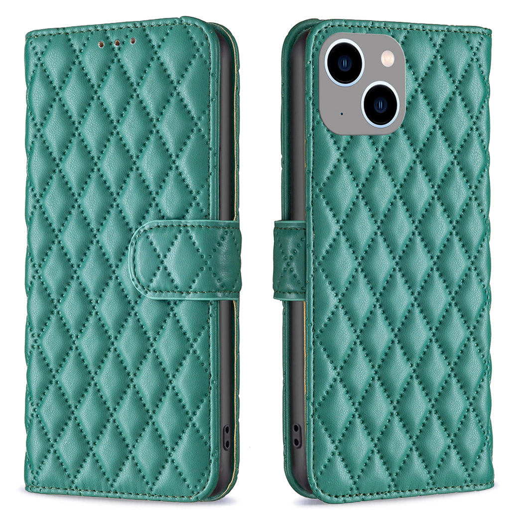 Binfen Color BF Style-14 for iPhone 15 Anti-Scratch Cell Phone Shell Imprinted Stand Leather Wallet Smartphone Cover - Green