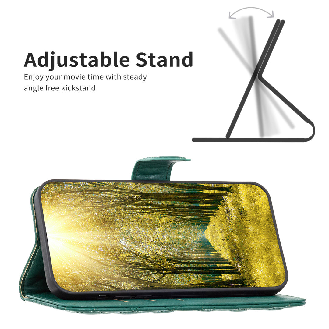 Binfen Color BF Style-14 for iPhone 15 Anti-Scratch Cell Phone Shell Imprinted Stand Leather Wallet Smartphone Cover - Green