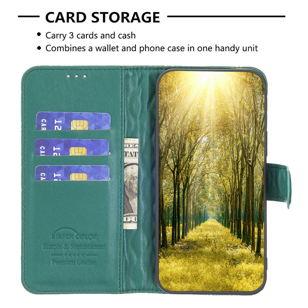 Binfen Color BF Style-14 for iPhone 15 Anti-Scratch Cell Phone Shell Imprinted Stand Leather Wallet Smartphone Cover - Green
